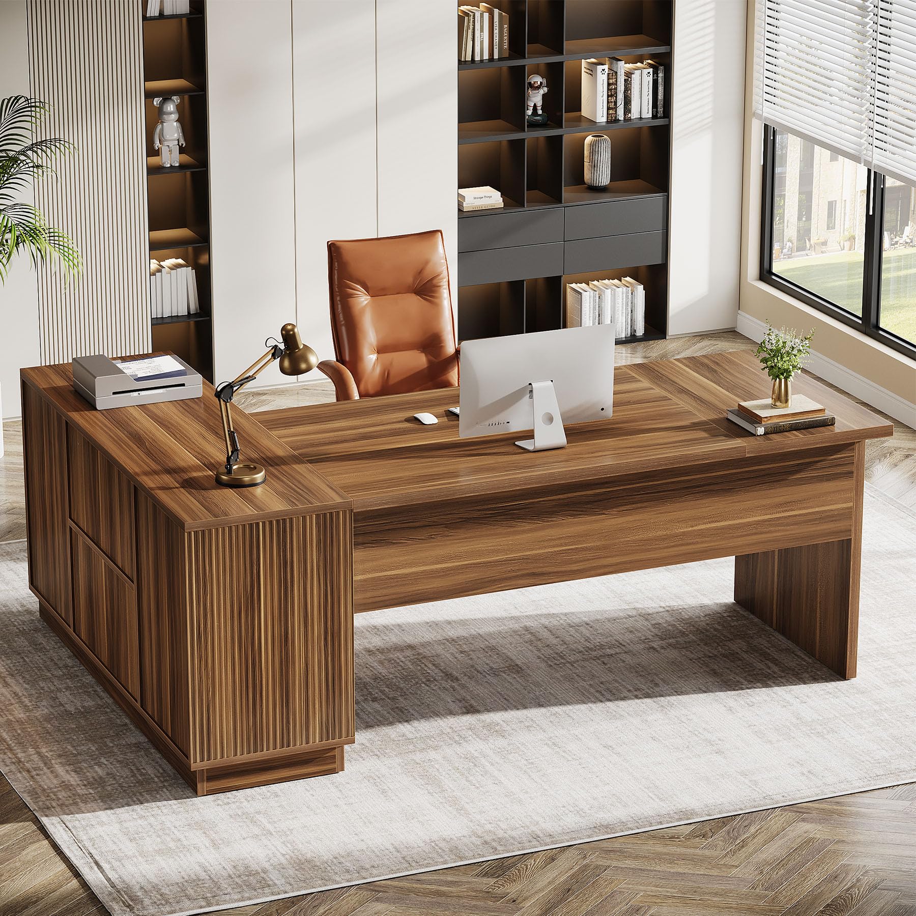 70.8-Inch Fluted Executive L-Shaped Desk with File Cabinet