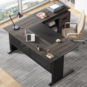 63 Inch L-Shaped Executive Desk with File Cabinet and Storage Shelves