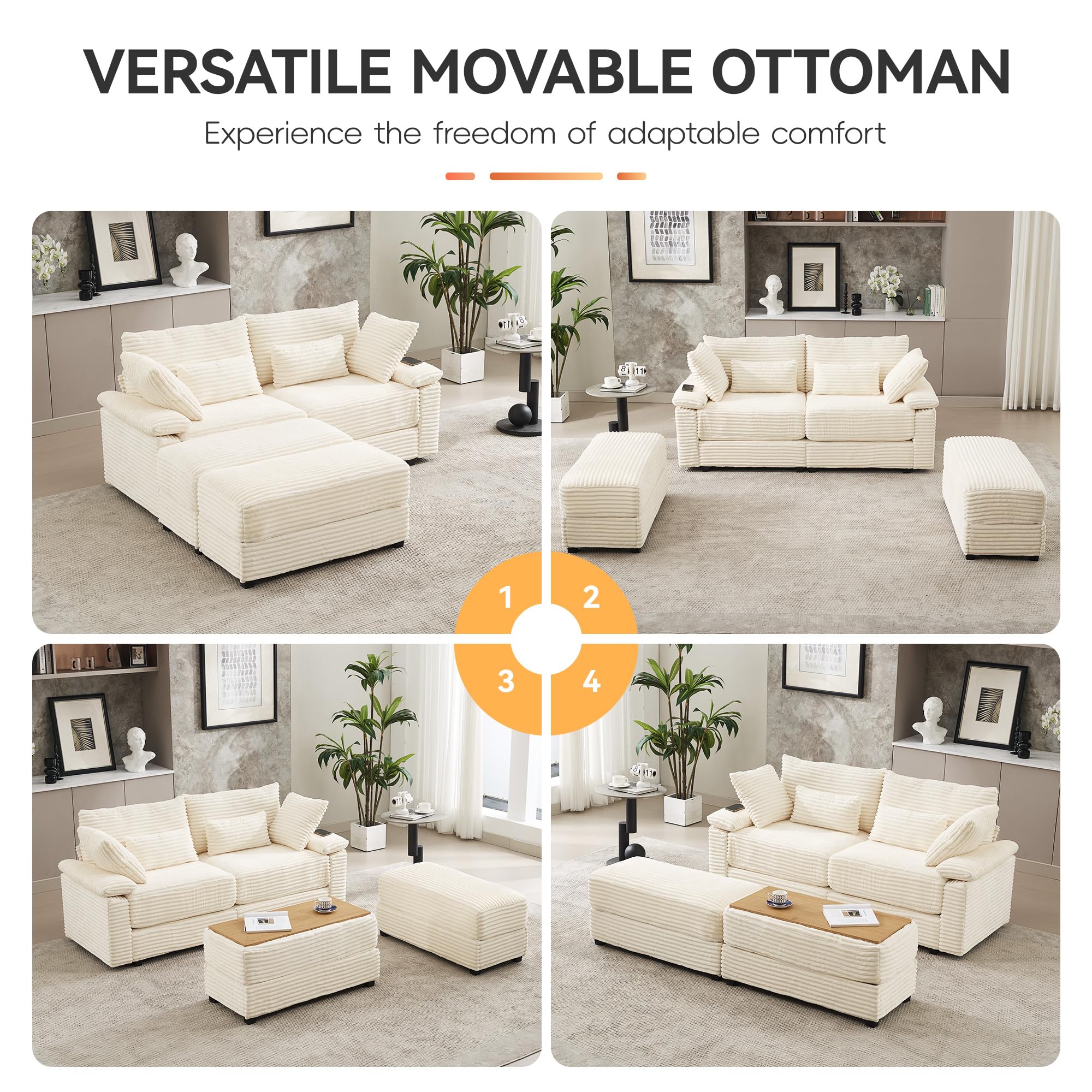 Corduroy Loveseat with Storage Ottoman and USB