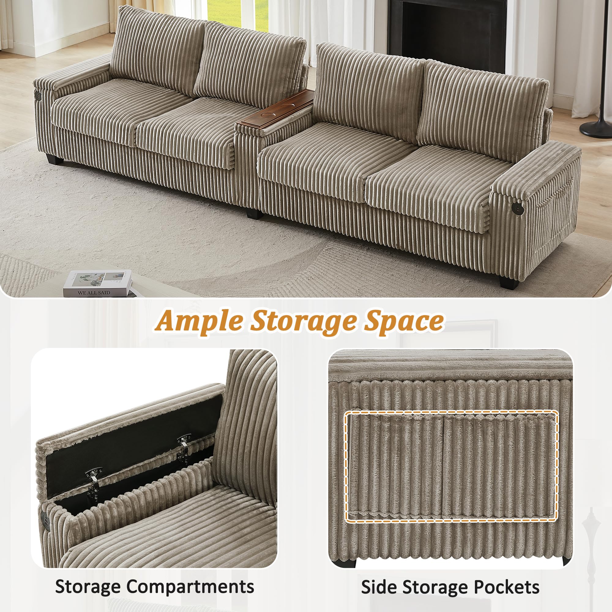 4-Seater Corduroy Sofa with USB Ports and Storage
