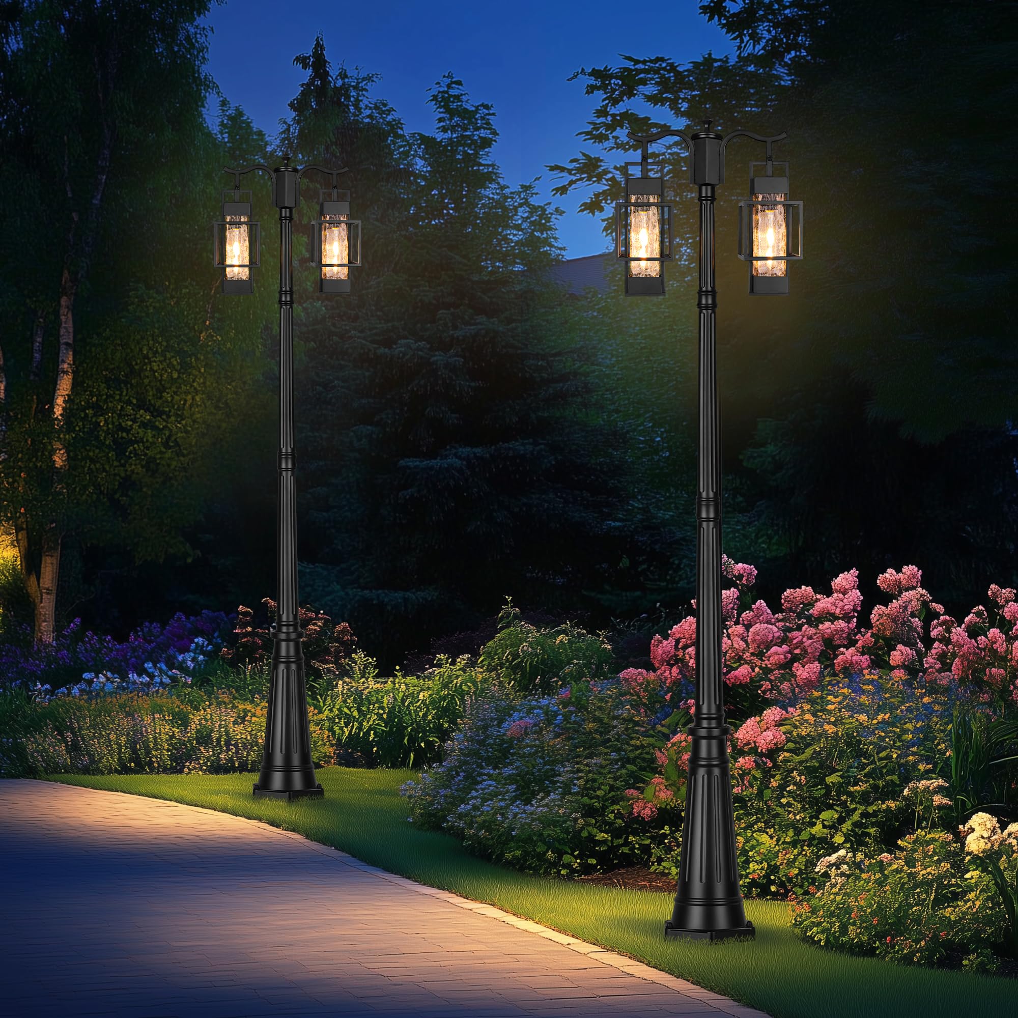 Modern Outdoor Lamp Post Light 2-Head with Water Glass Shade