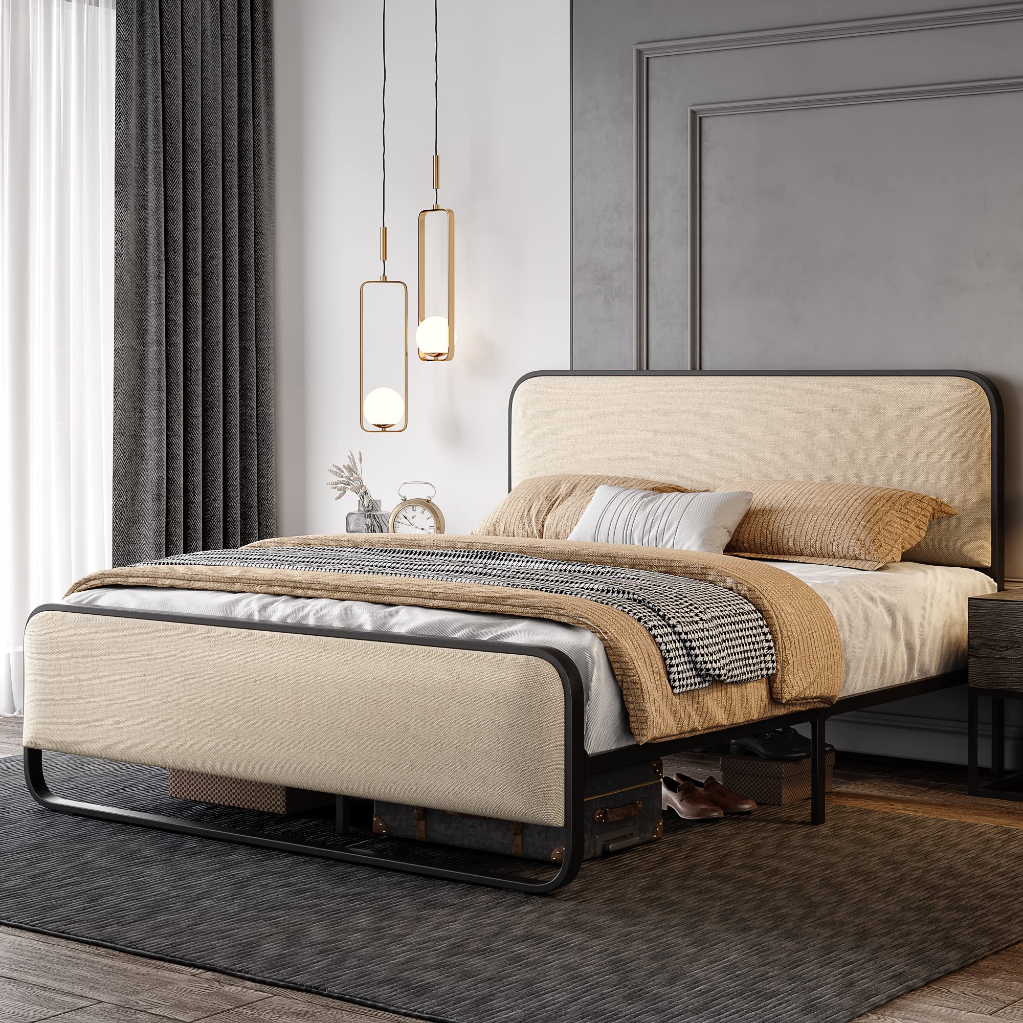 Queen Platform Metal Bed Frame with Curved Upholstered Headboard