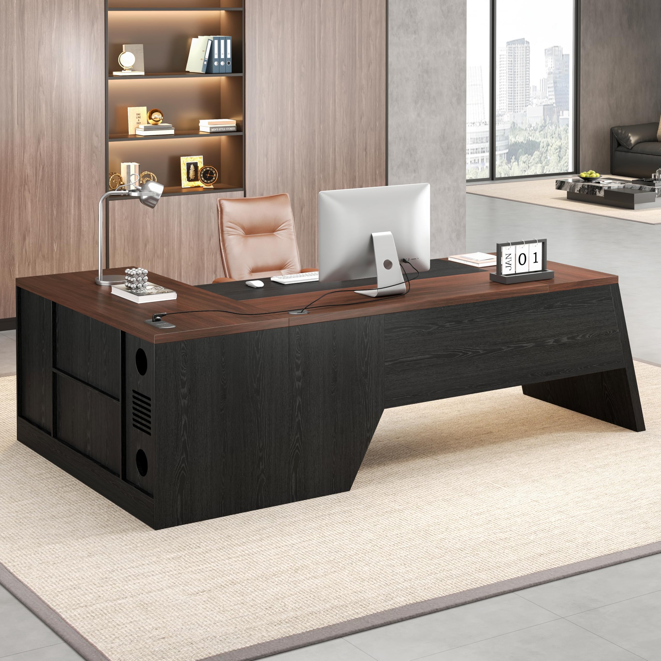 78-Inch L-Shaped Executive Desk with Power Outlet