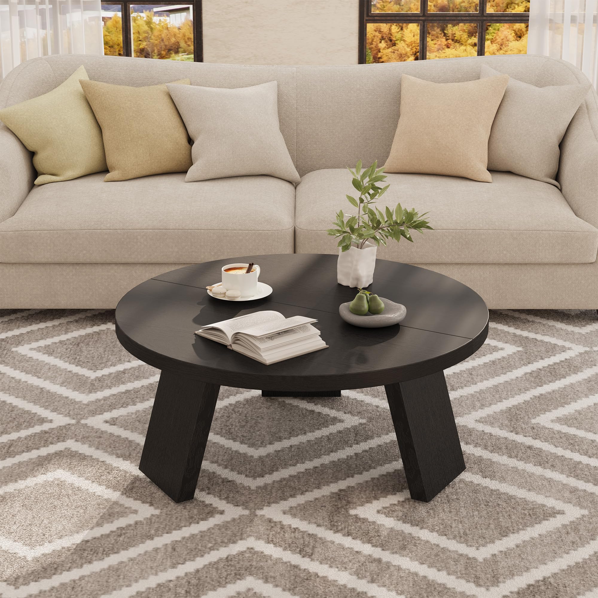 Round Coffee Table with Inclined Legs - Black