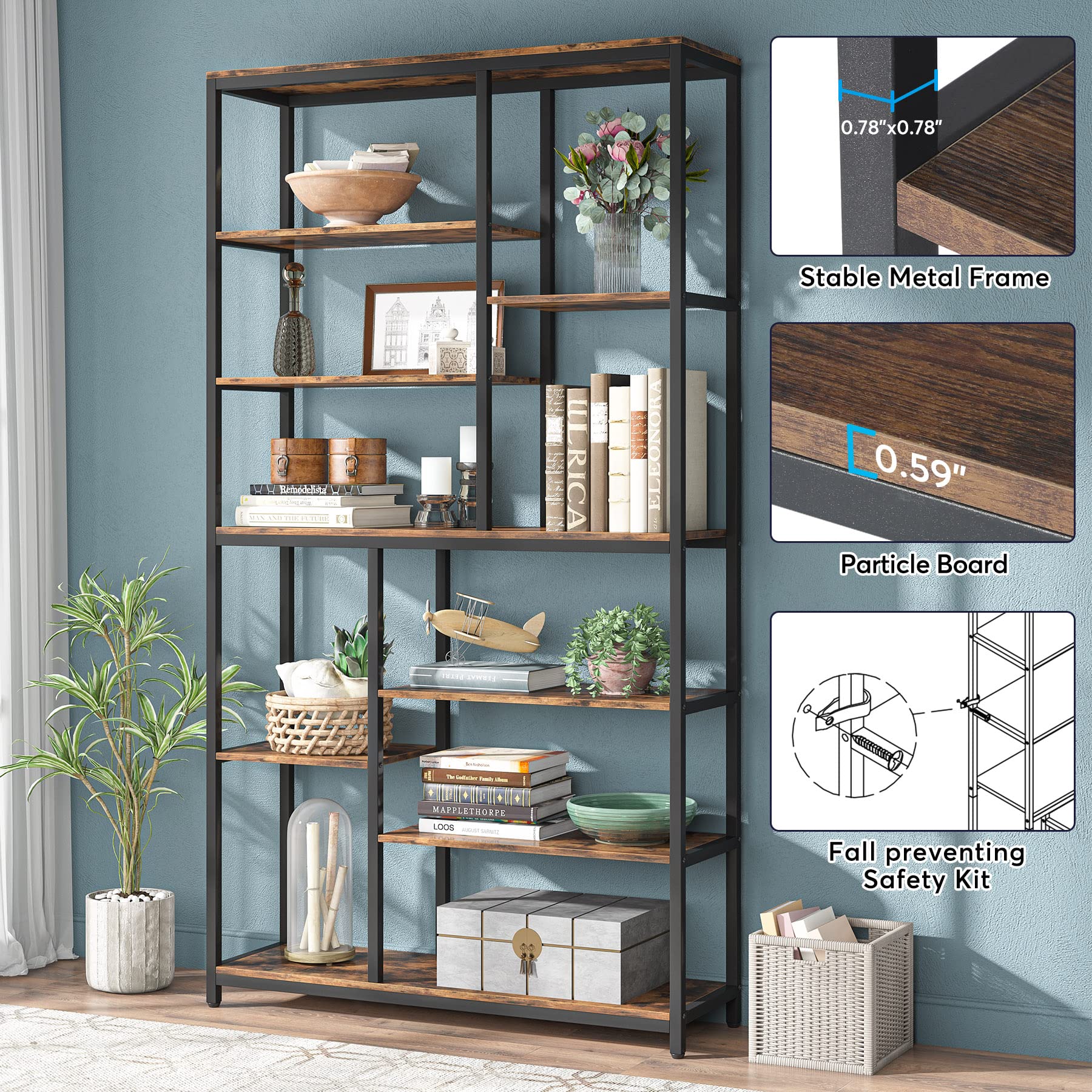 79 Inch Tall Bookshelf 8-Tier Staggered Display Shelving Unit