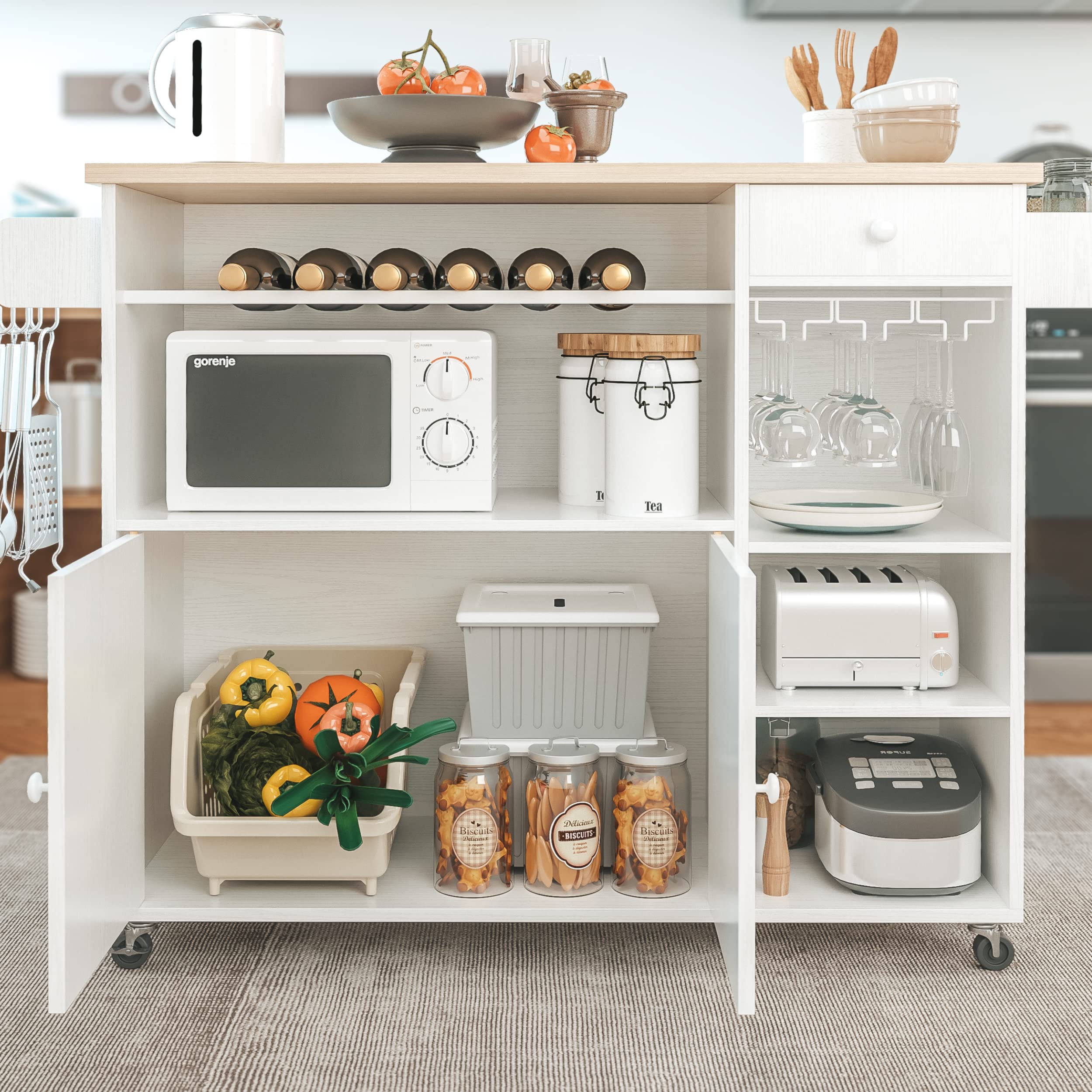 Kitchen Island Cart with Drop-Leaf and Wine Rack
