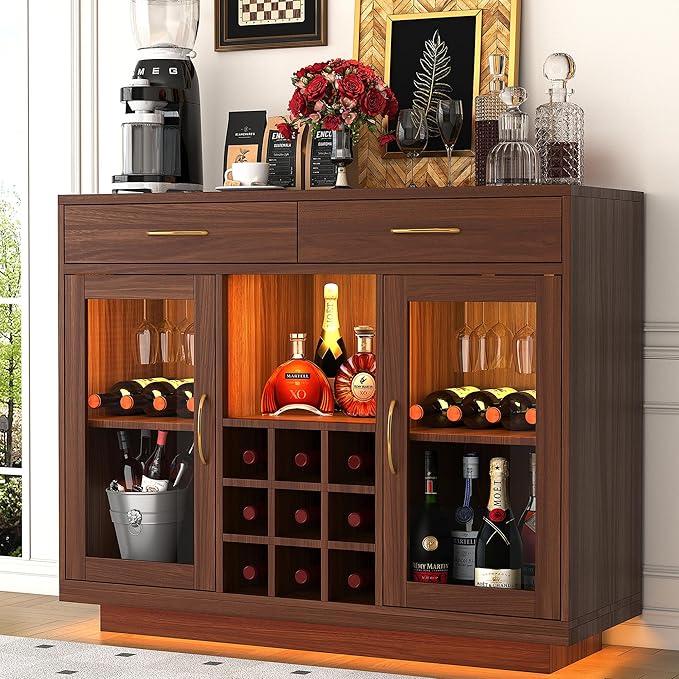 Wine Bar Cabinet with LED Lights and Glass Rack
