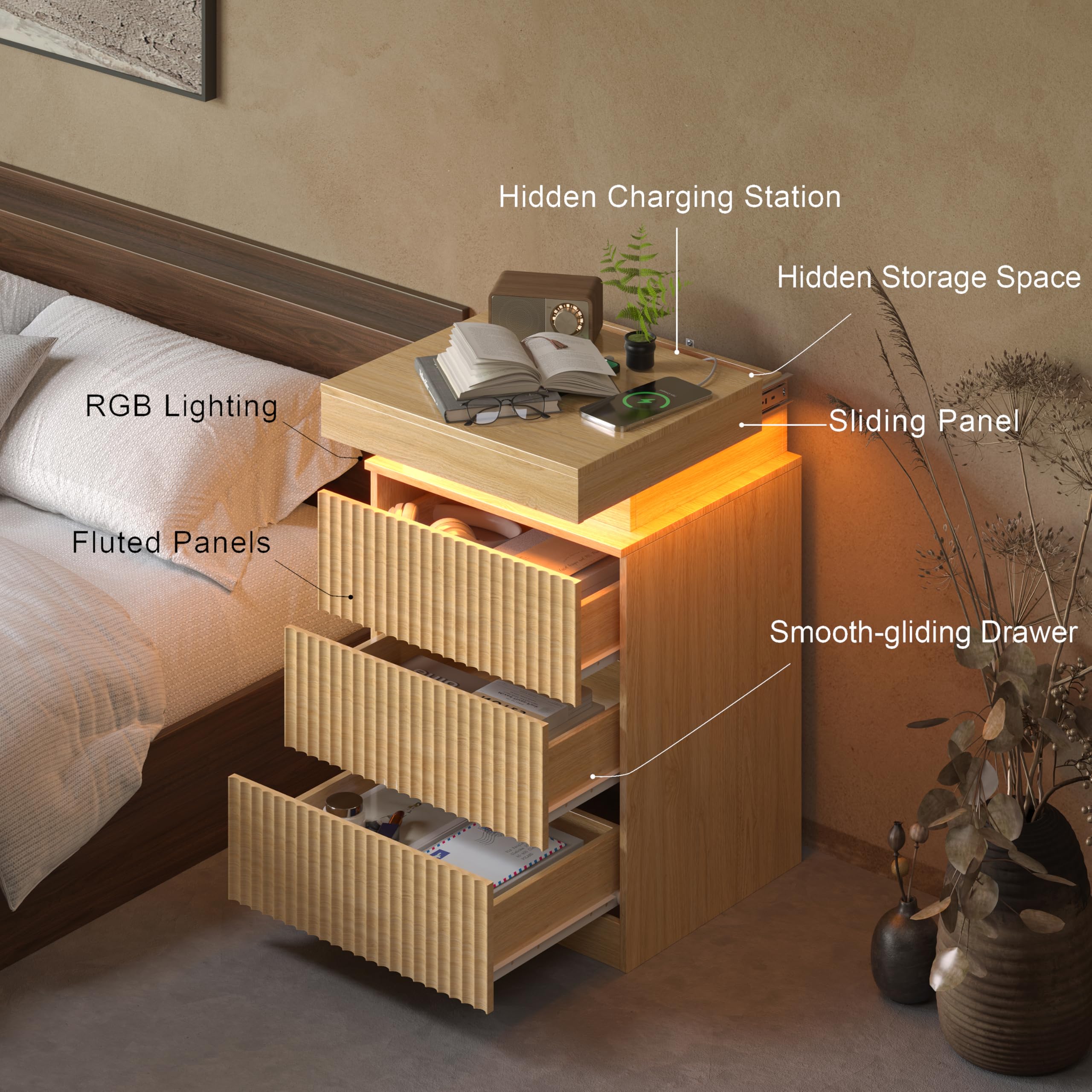 Mid Century Modern Nightstand with LED Light and Charging Station