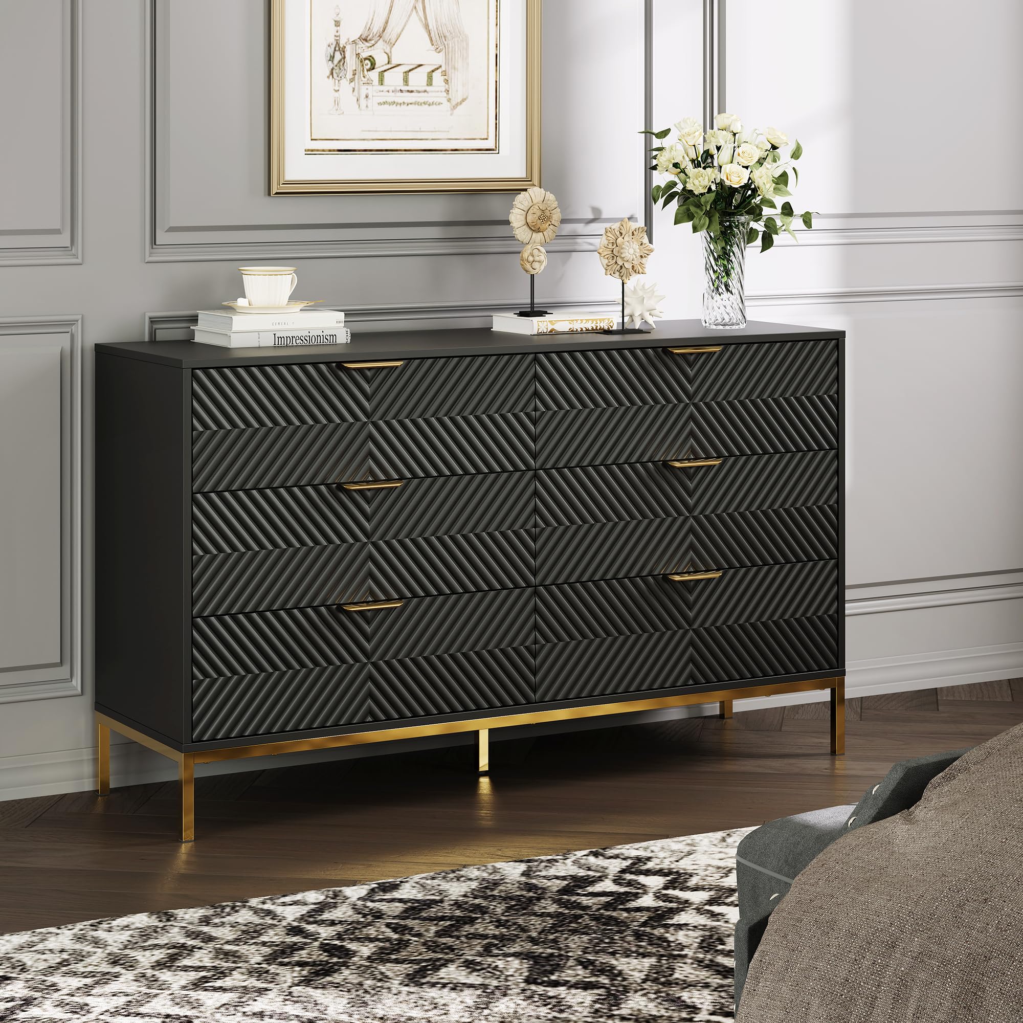 6 Drawer Dresser 54 Inch Wide Black Gold Fluted Wood Chest