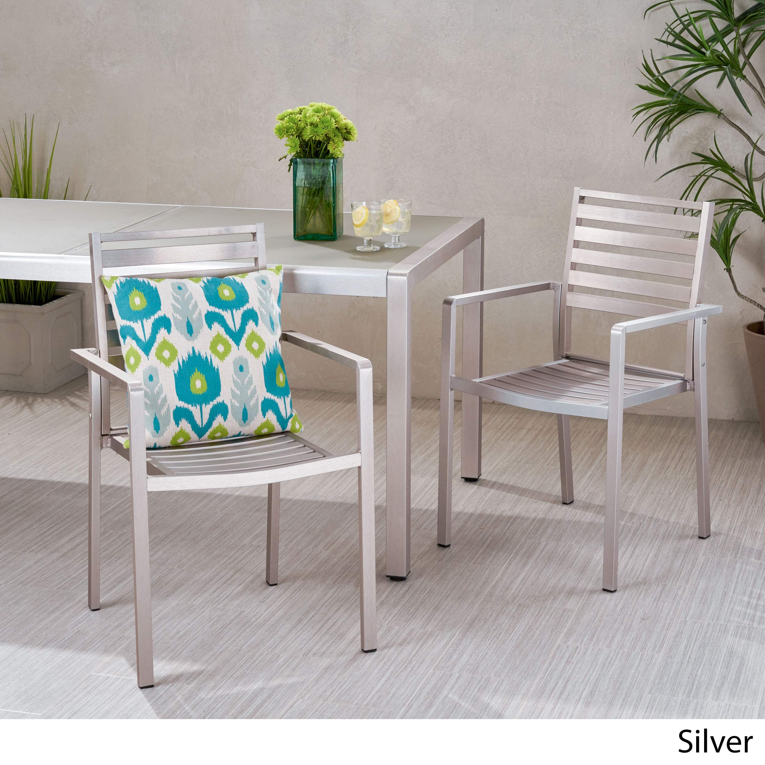 GDFStudio Outdoor Modern Aluminum Dining Chair (Set of 2), Silver