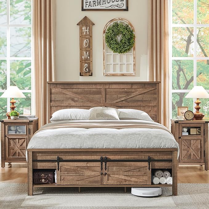 Farmhouse Wood Bed Frame Queen Size with Storage Cabinets