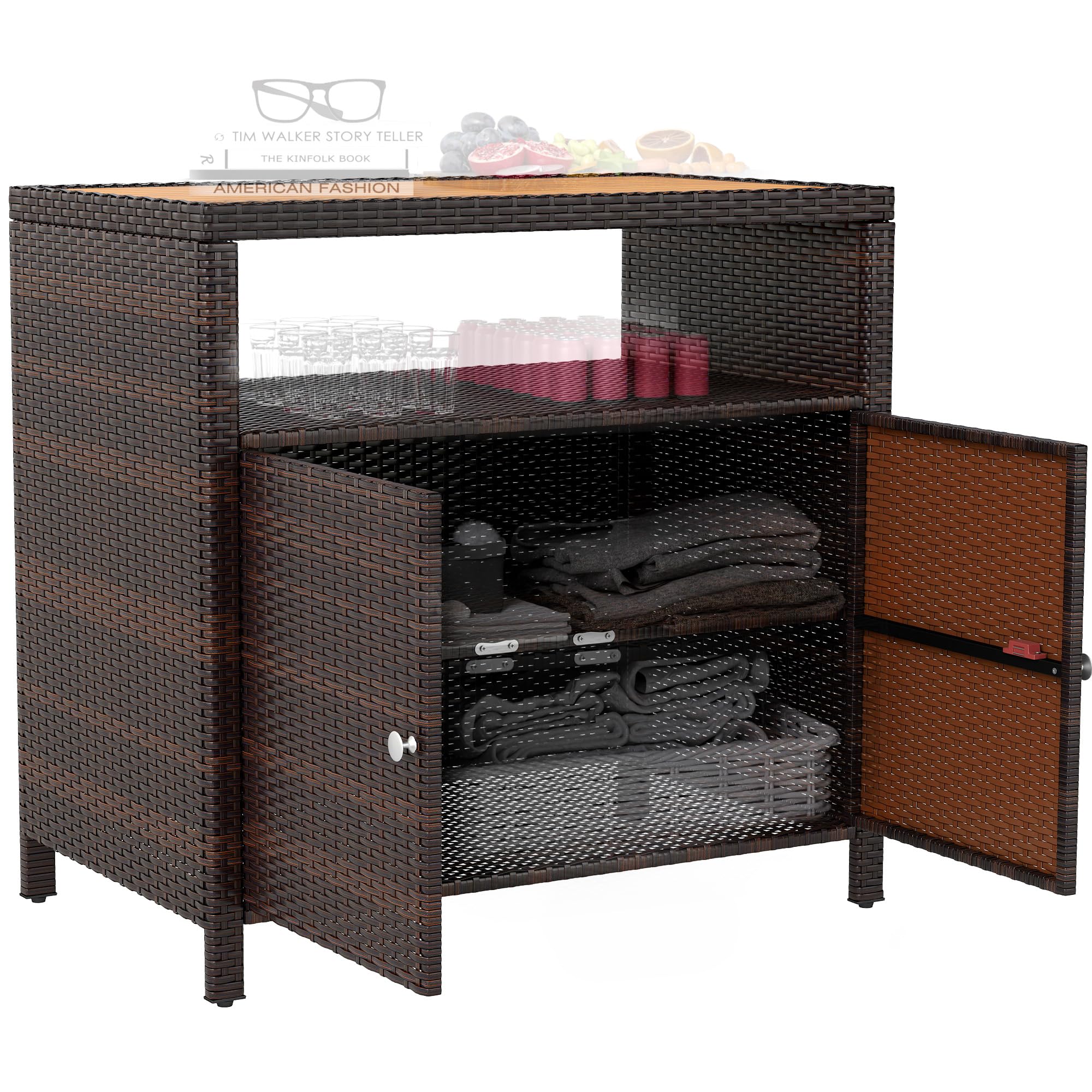 Wicker Outdoor Storage Cabinet with Acacia Wood Countertop