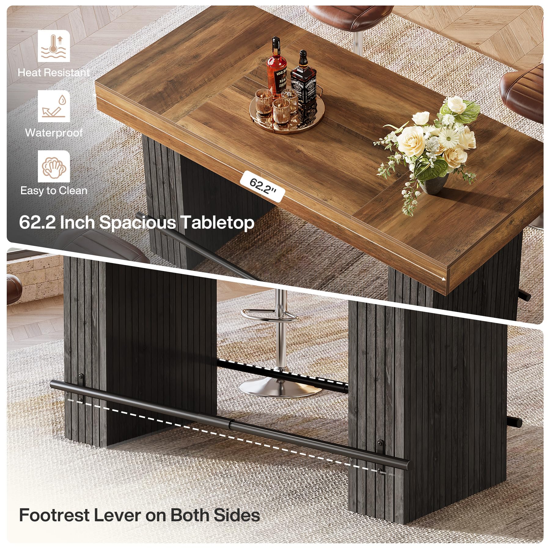 Industrial Counter Height Bar Table with Metal Footrest