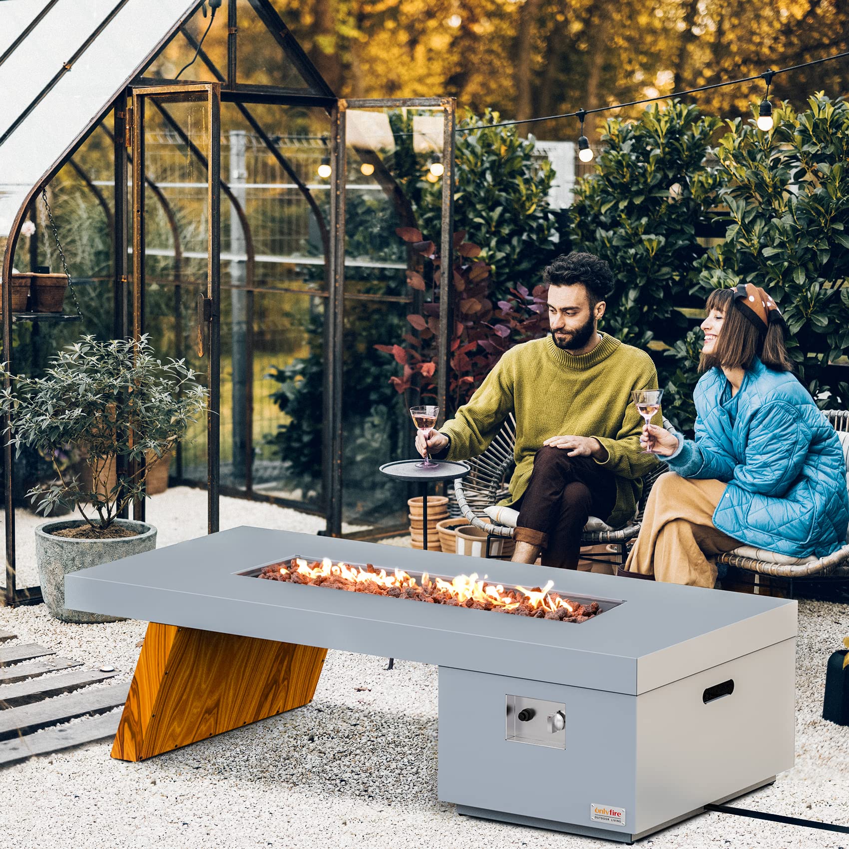 60" Propane Gas Fire Pit Table with Wooden-Visual Leg
