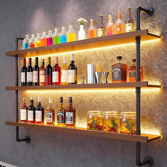 39" Wall Mounted Wine Rack with LED Lights - 3 Tier Industrial Pipe Floating Shelves