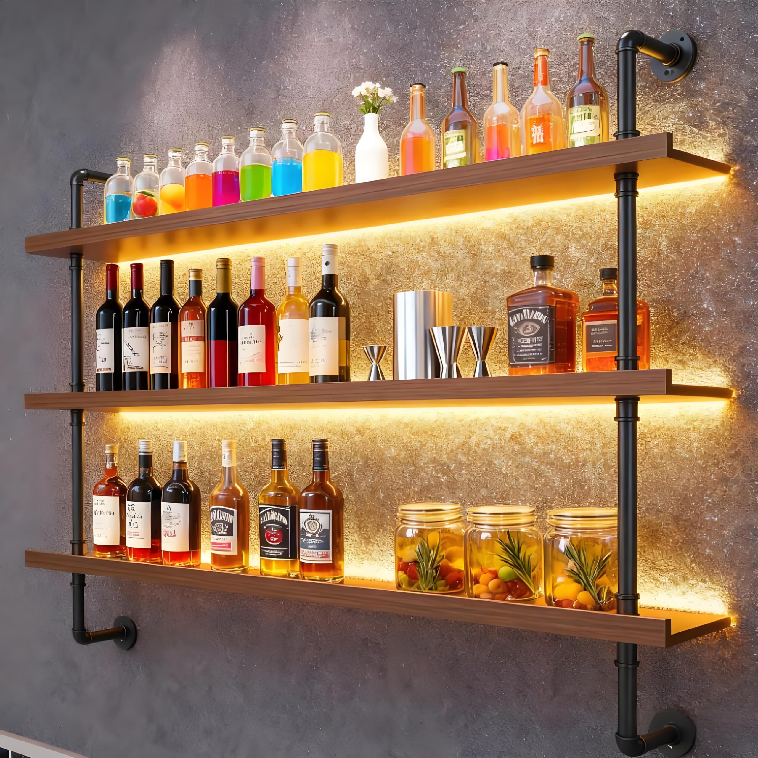 39" Wall Mounted Wine Rack with LED Lights - 3 Tier Industrial Pipe Floating Shelves