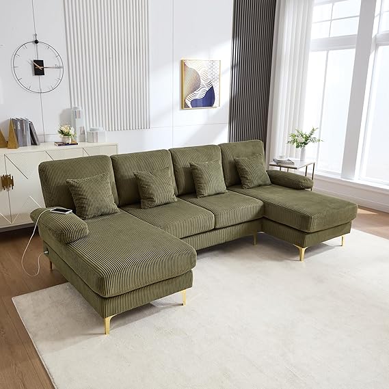 U-Shaped Sectional Sofa with Double Chaise and USB Ports