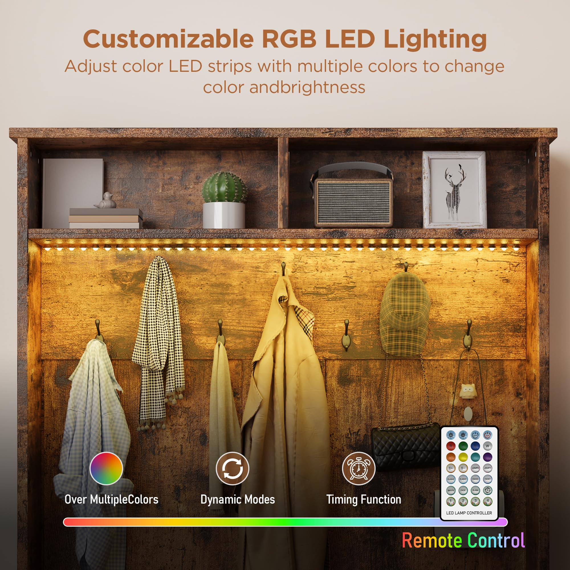 5-in-1 Hall Tree with Bench and LED Lighting