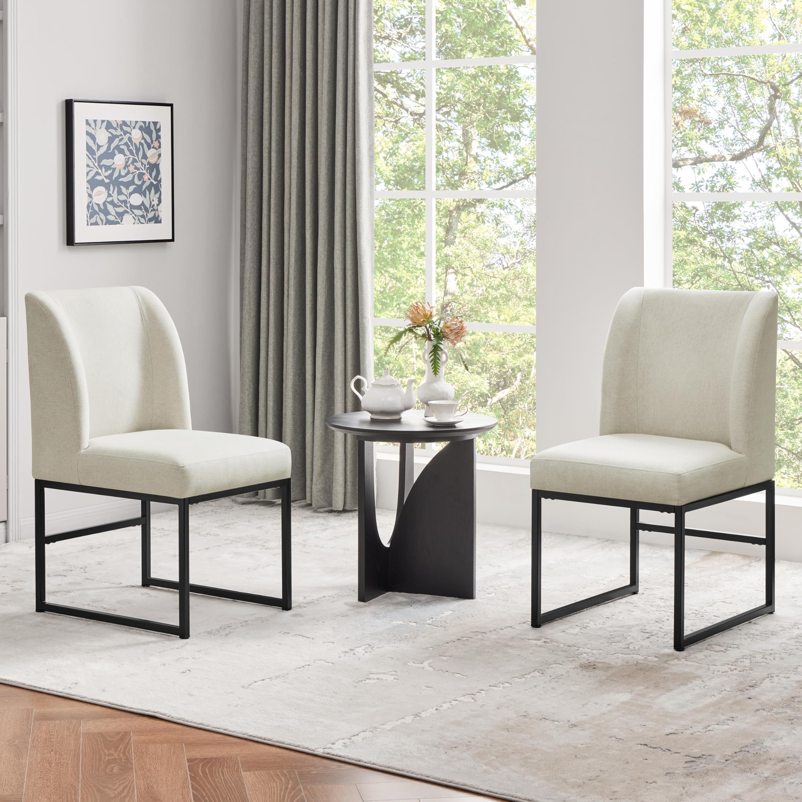 Upholstered Dining Chairs Set of 2 - Mid Back Padded Seat with Metal Legs