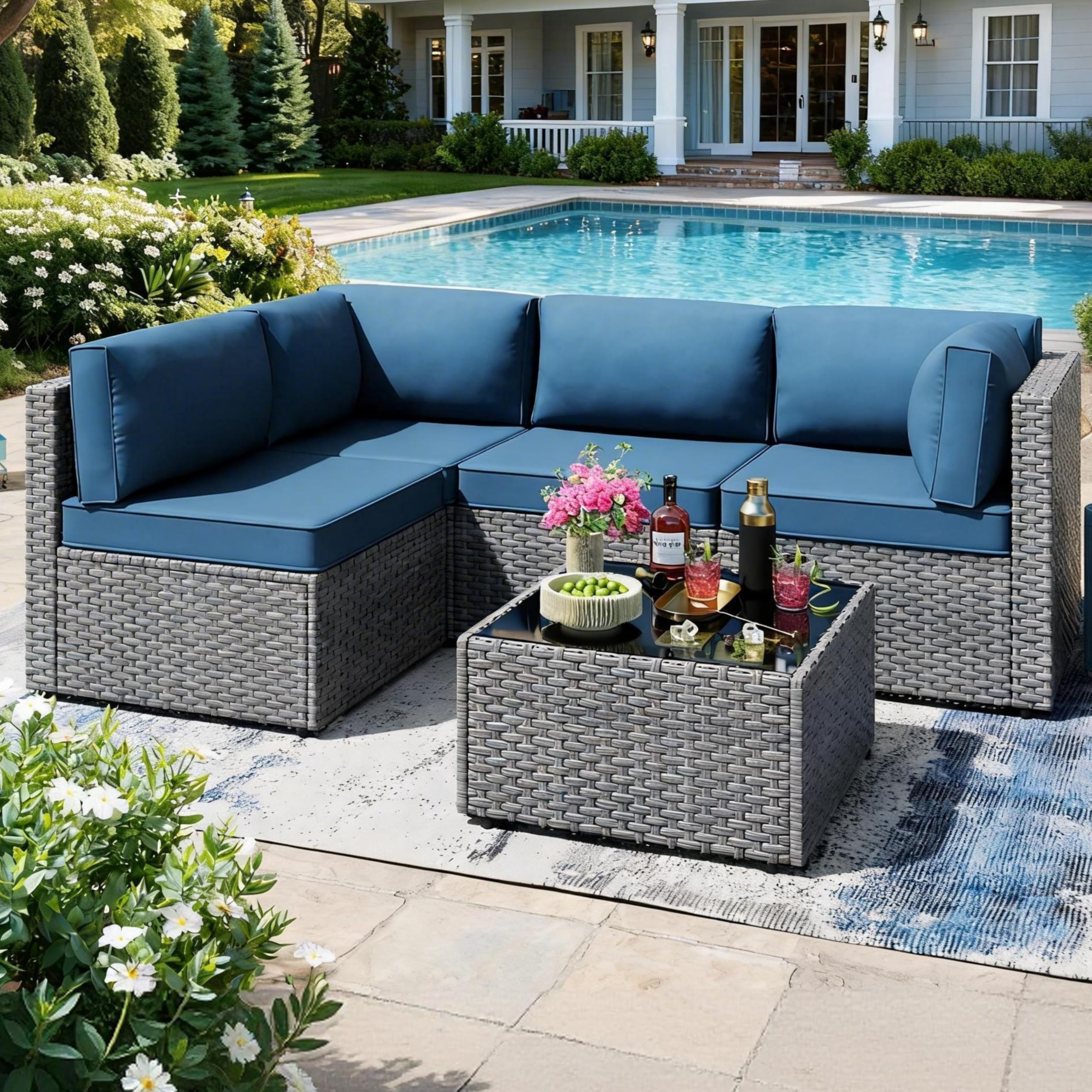 5-Piece Patio Conversation Set with Sectional Sofa and Coffee Table