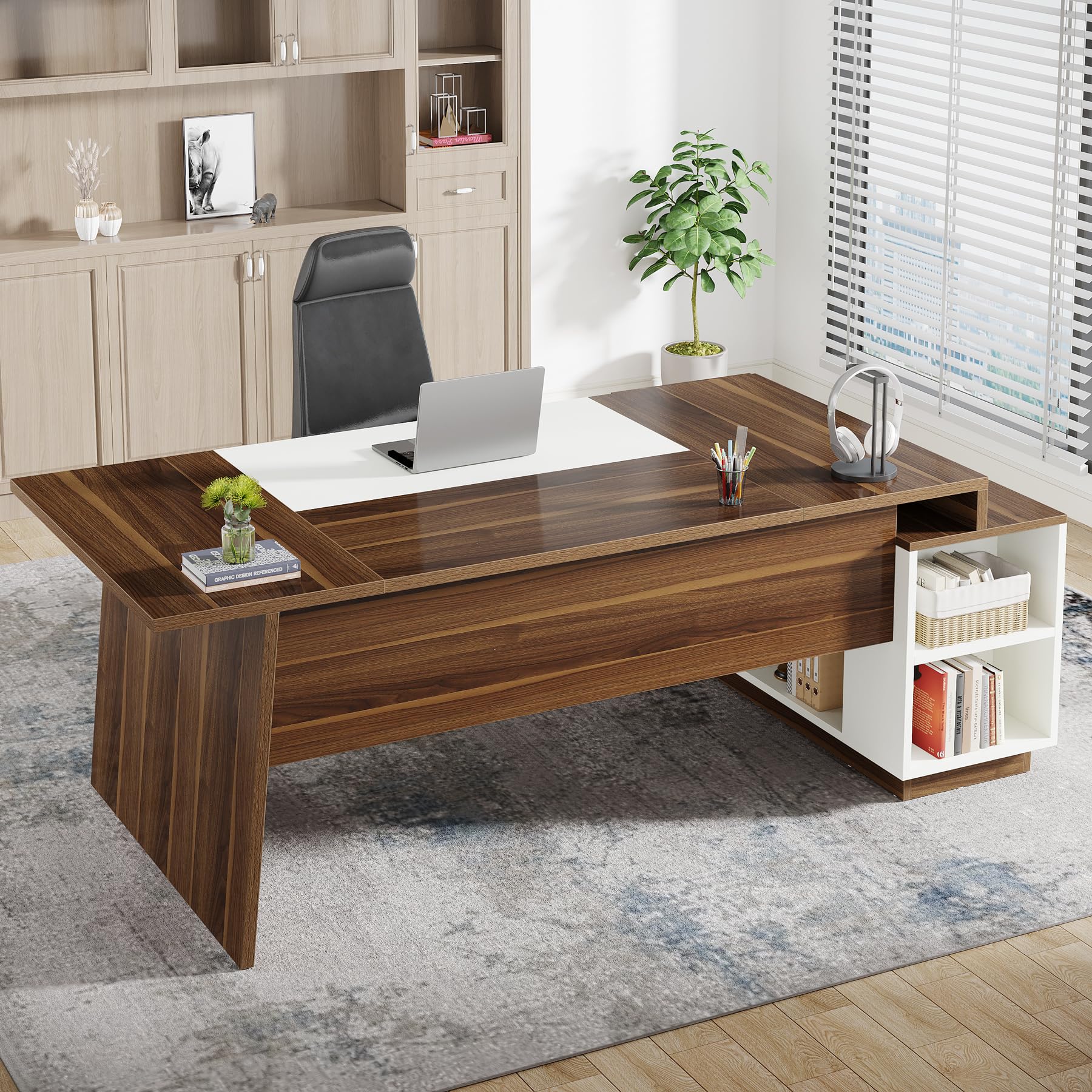 L-Shaped Executive Office Desk with Storage Cabinet and Shelves