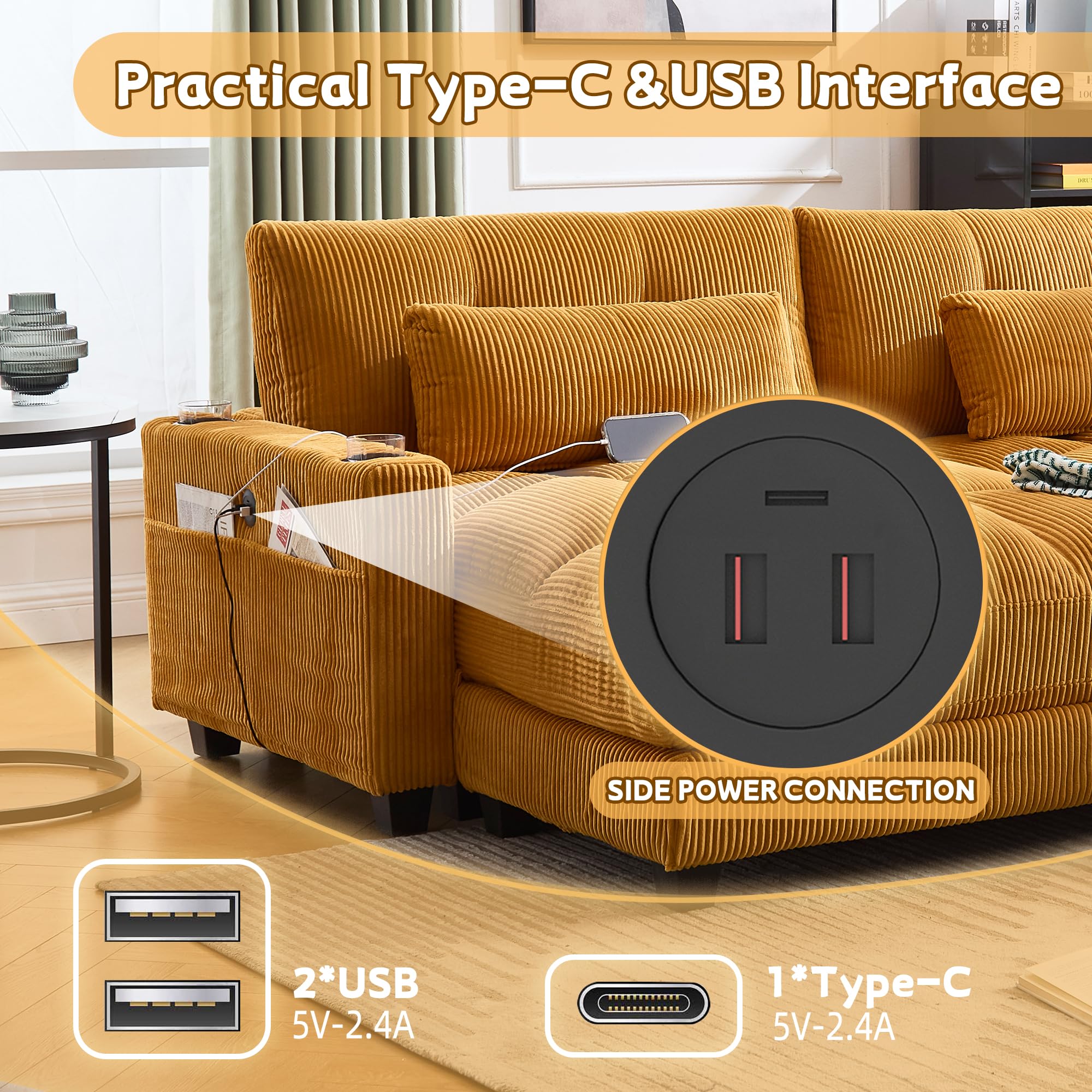 Oversized Double Chaise Lounge Cloud Couch with USB & Cup Holders