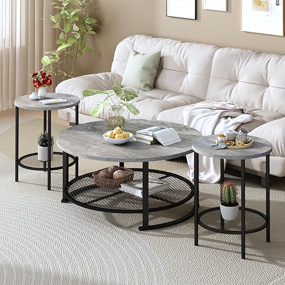 Round Coffee Table and End Table Set of 3 with Storage