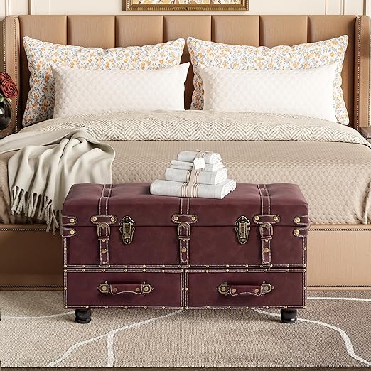 Vintage Storage Ottoman Bench with Buckle Closure