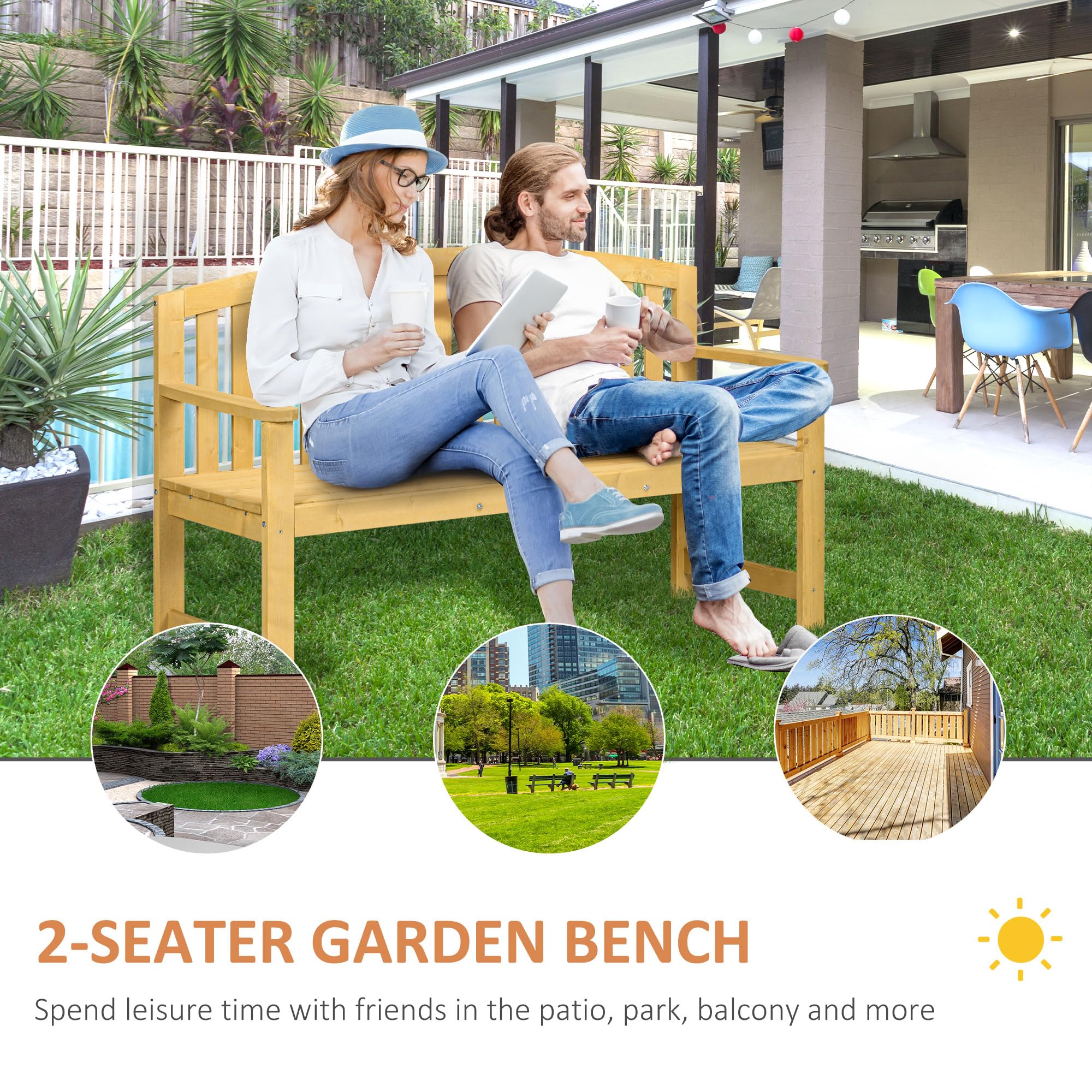 2-Seater Outdoor Wood Bench with Backrest