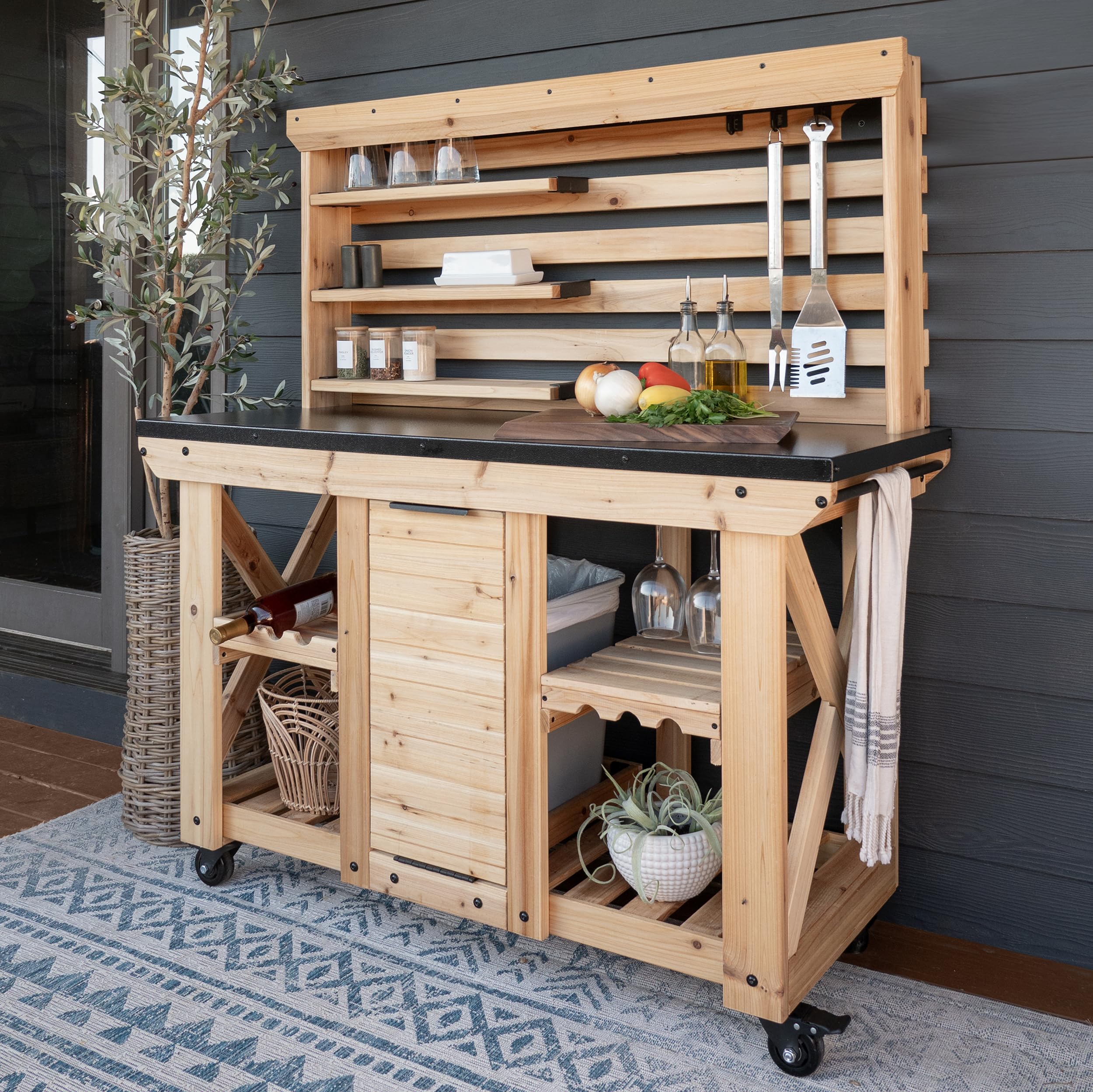 Cedar Wood Buffet Hutch Serving Station with Steel Countertop