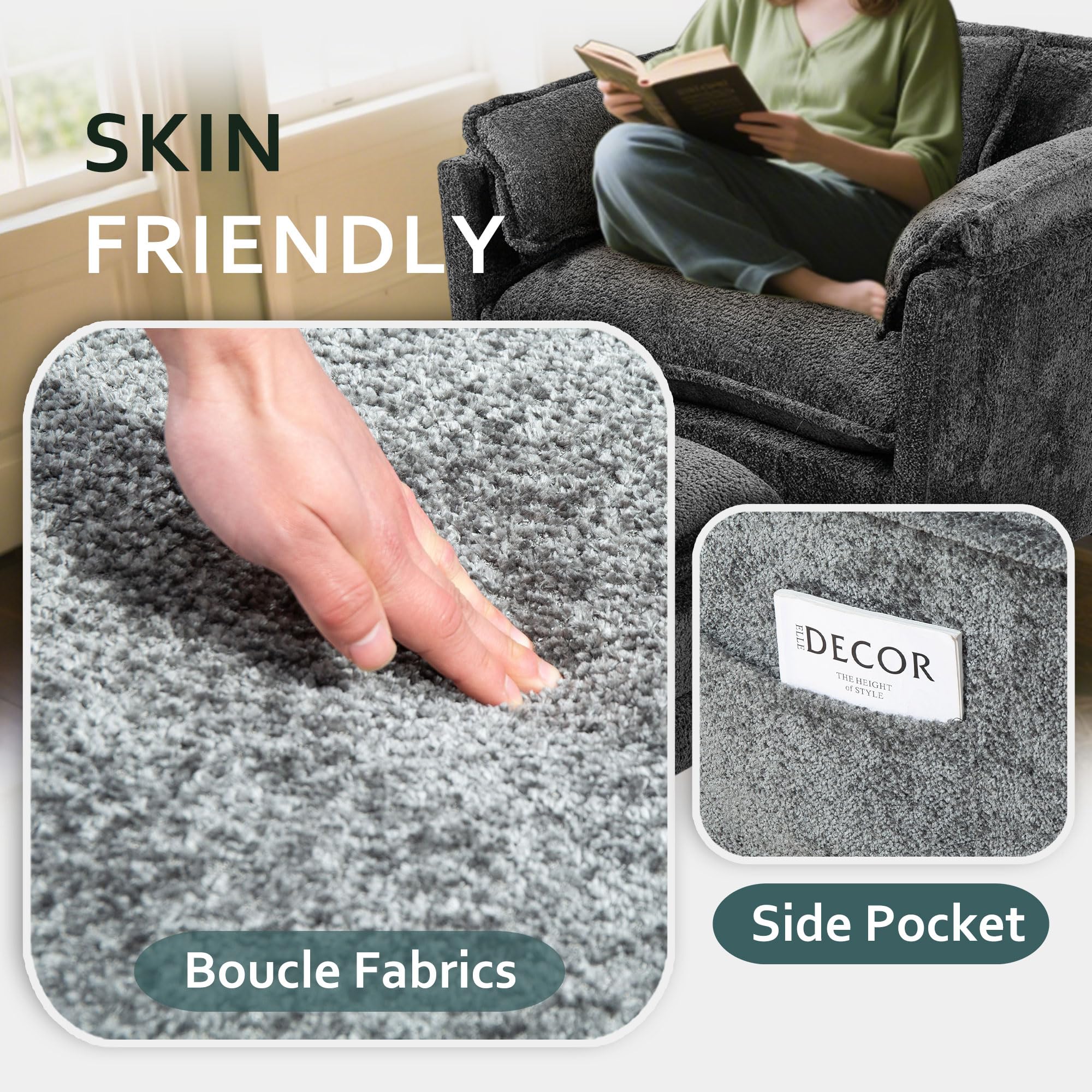 KEIKI Boucle Oversized Reading Chair with Storage & Ottoman, 40" W Modern Accent Chair W/Double Deep Cushion Seating, Comfy Upholstered Single Sofa Lounge Armchair for Living Room, Bedroom, Drak Grey