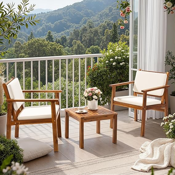 3 Piece Acacia Wood Patio Conversation Set