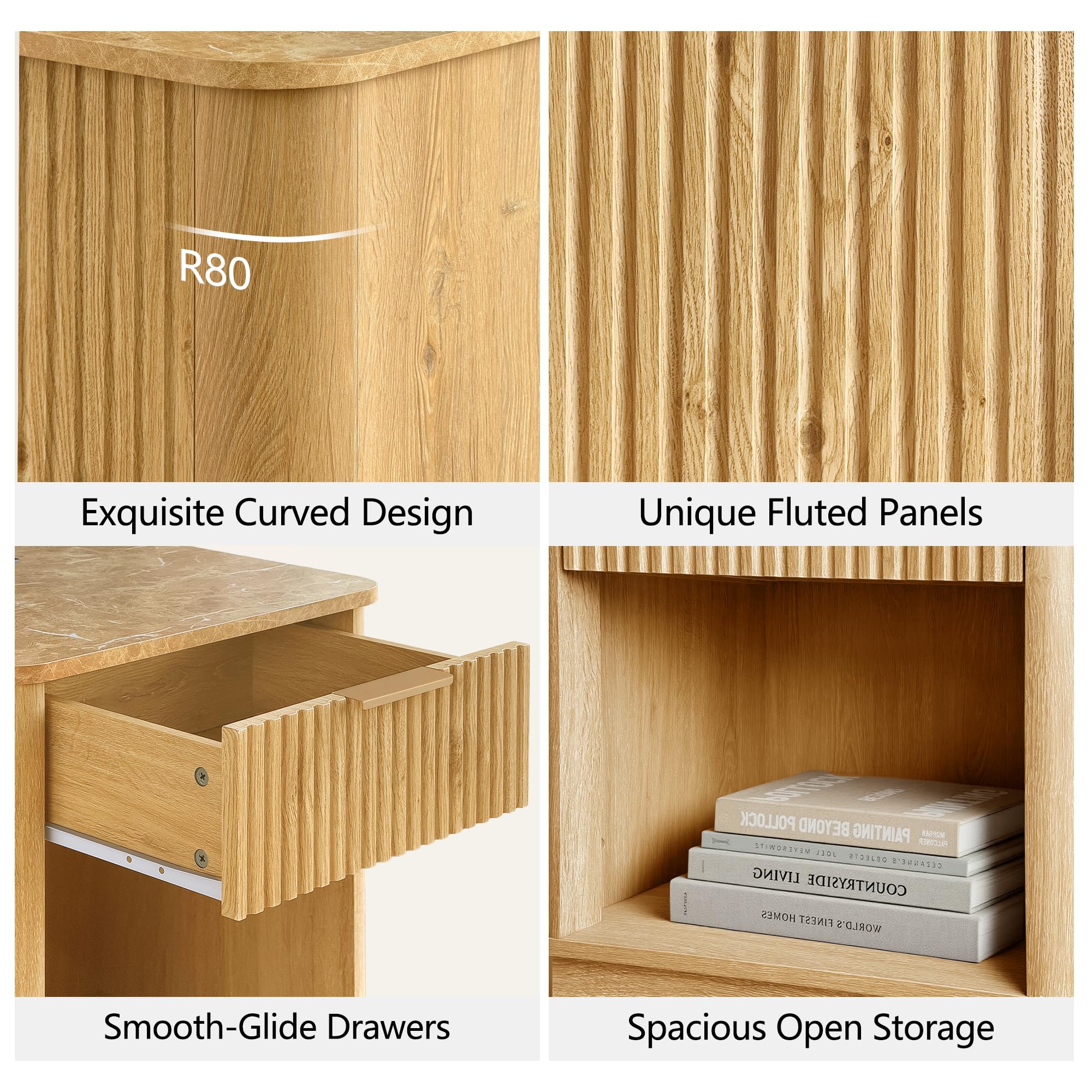 Fluted Nightstand Set of 2 with Charging Station