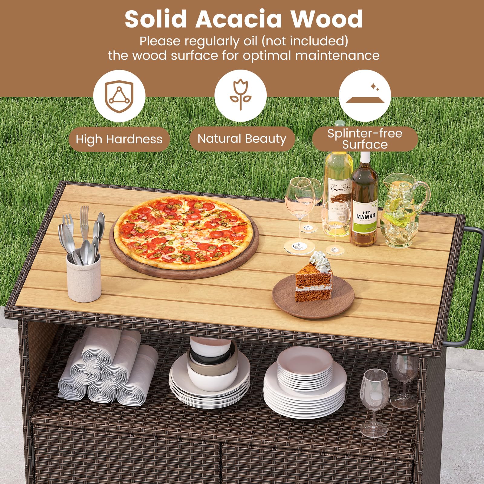 Rattan Outdoor Storage Cabinet with Acacia Wood Countertop