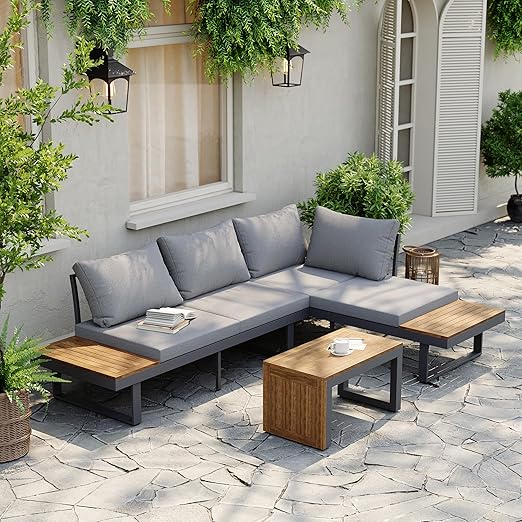 4-Seater Outdoor Teak Sectional Sofa Set with Cushions