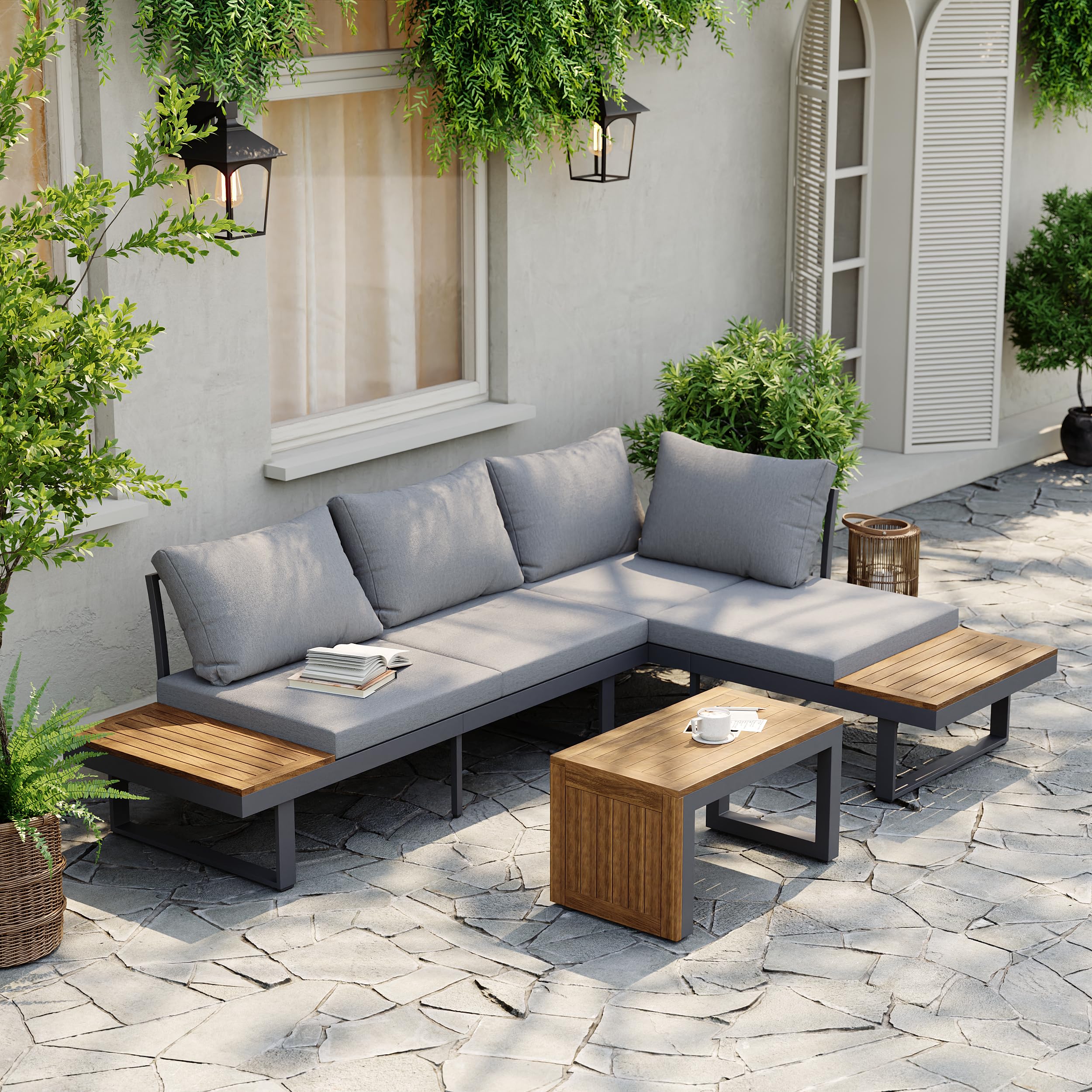 4-Seater Outdoor Teak Sectional Sofa Set with Cushions