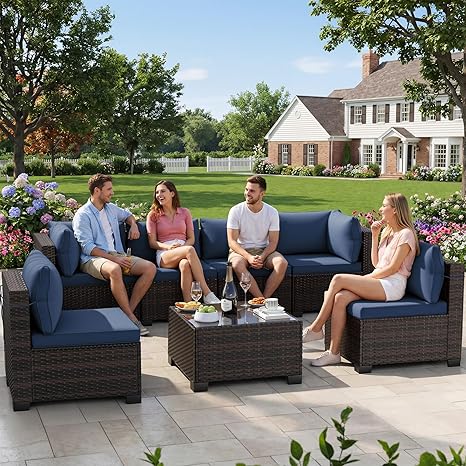 7-Piece Rattan Patio Furniture Set with Coffee Table