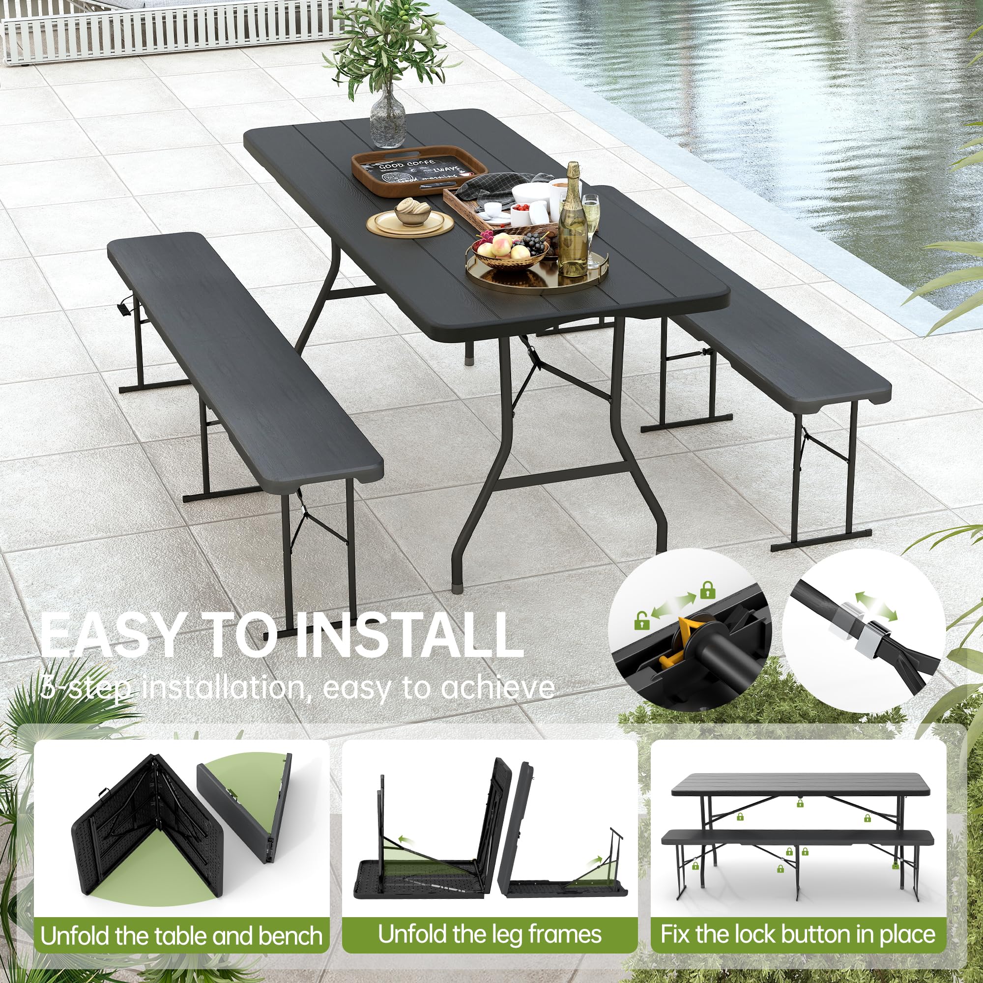 6' Folding Picnic Table with 2 Benches - 3 Piece Set