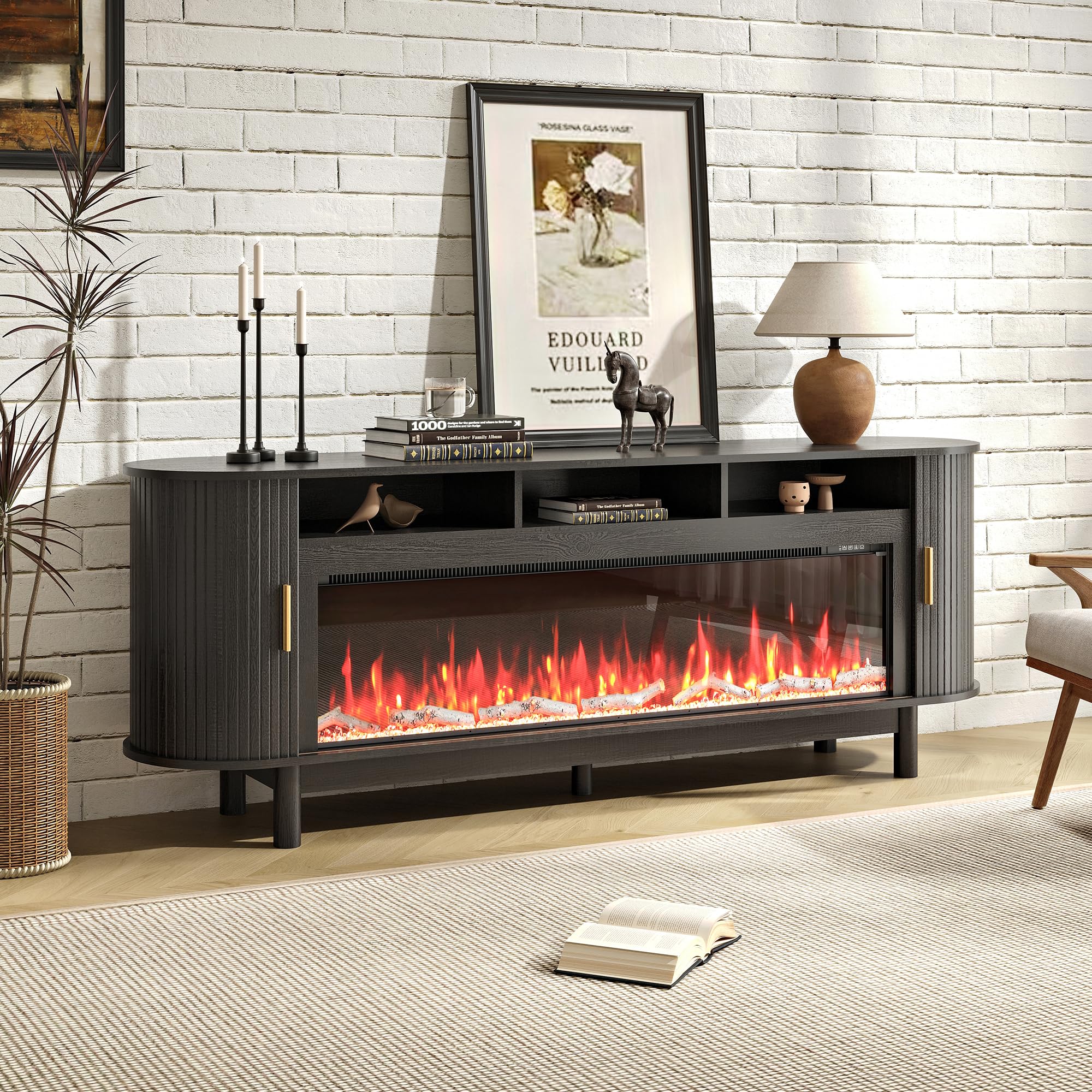 70 Inch Curved Fireplace TV Stand with Storage