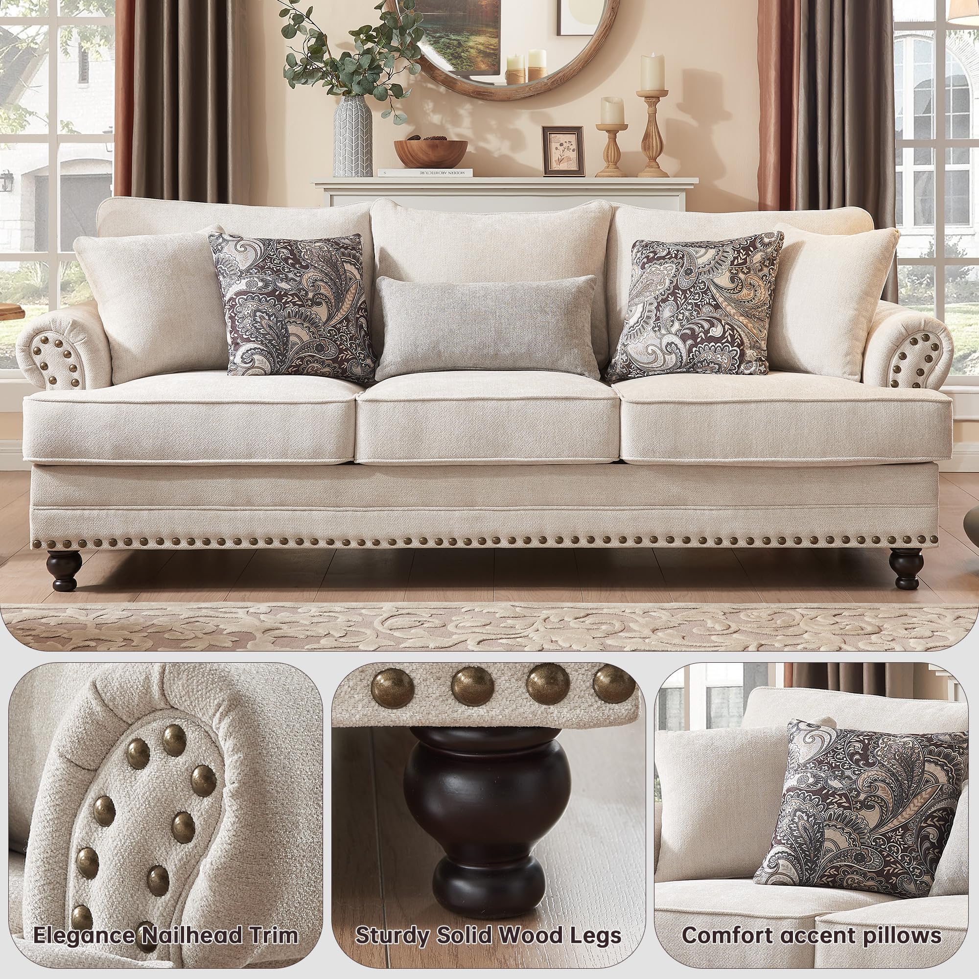 3-Piece Chenille Living Room Set with Nailhead Trim