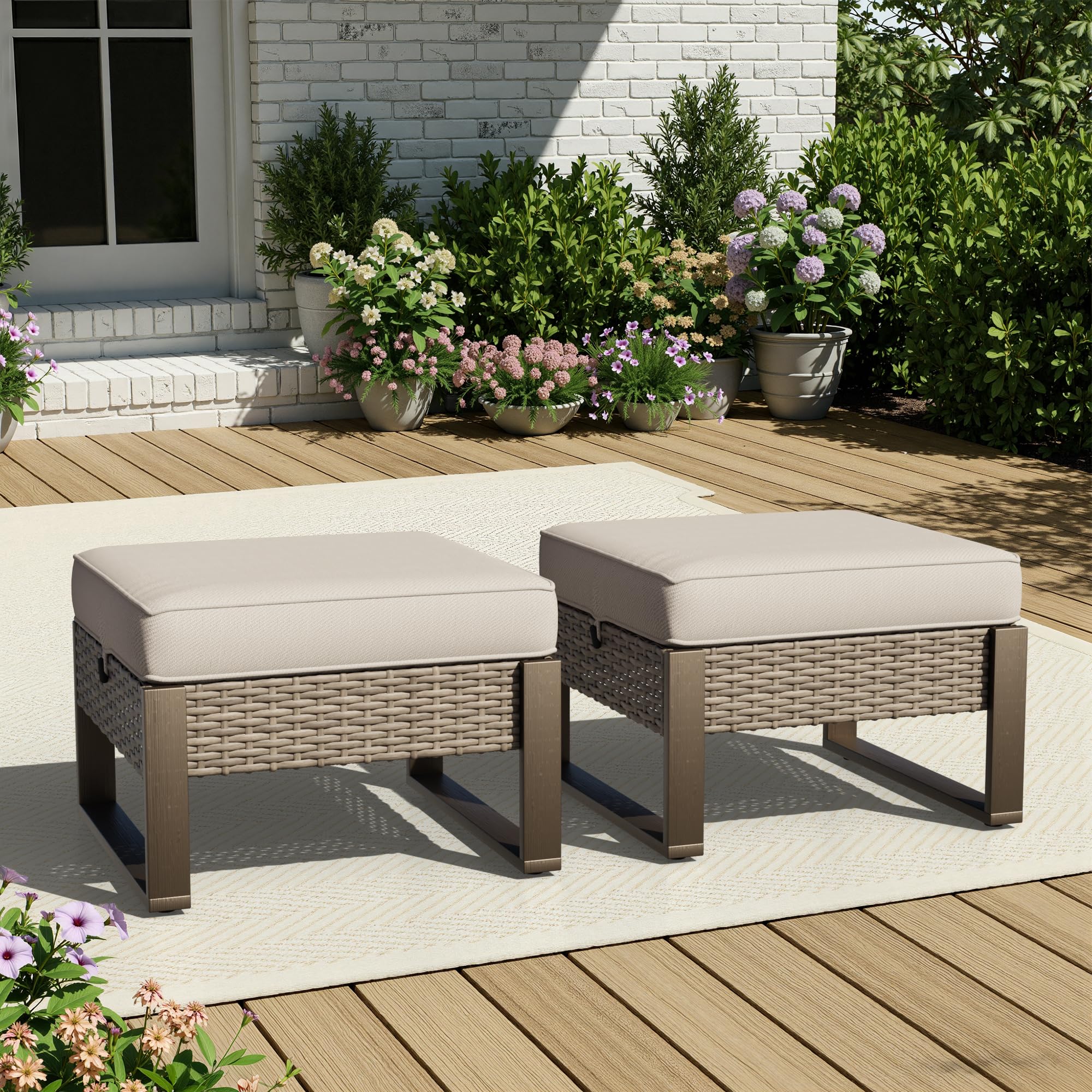 PE Rattan Ottoman Footstool Set with Removable Cushions