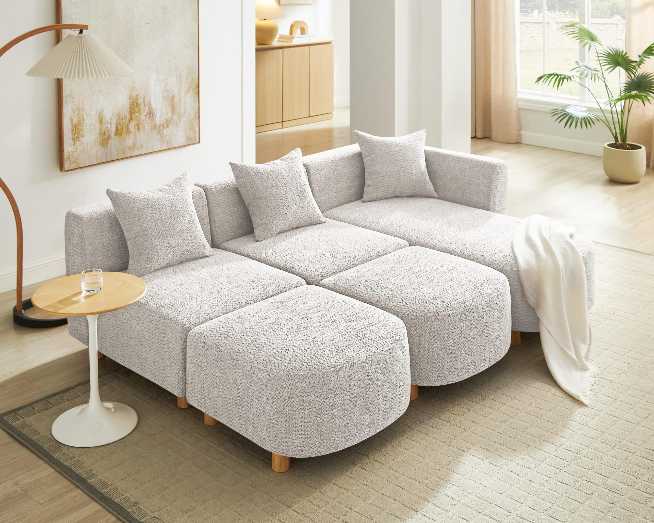 VANOMi 109.84" Modular Sectional Sofa with 3 Pillows, Convertible 5-Seater Comfy Boucle Cloud Couch with Ottoman, Modern Sectional Sofas for Living Room, Office, Apartment (Camel)