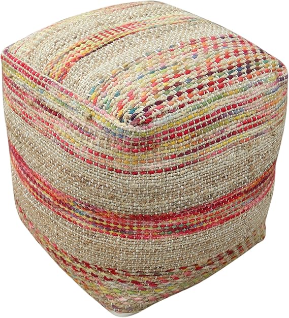 Christopher Knight Home Lola Boho Hemp and Wool Pouf, Natural and Blue