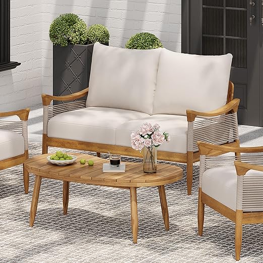 2 Piece Acacia Wood Patio Conversation Set with Loveseat