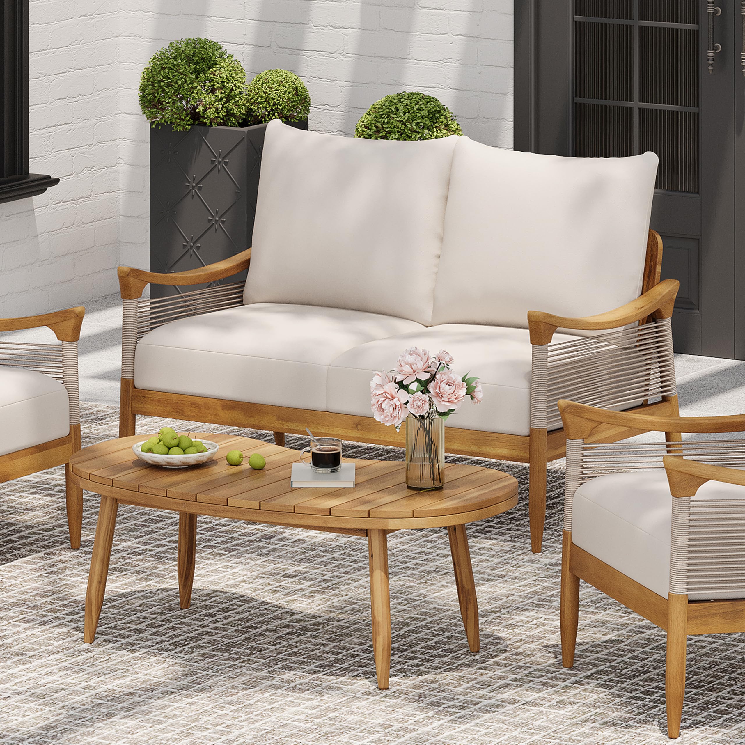 2 Piece Acacia Wood Patio Conversation Set with Loveseat