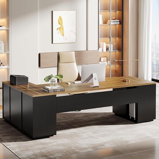 85.8-Inch L-Shaped Executive Desk with File Drawers and Cabinet