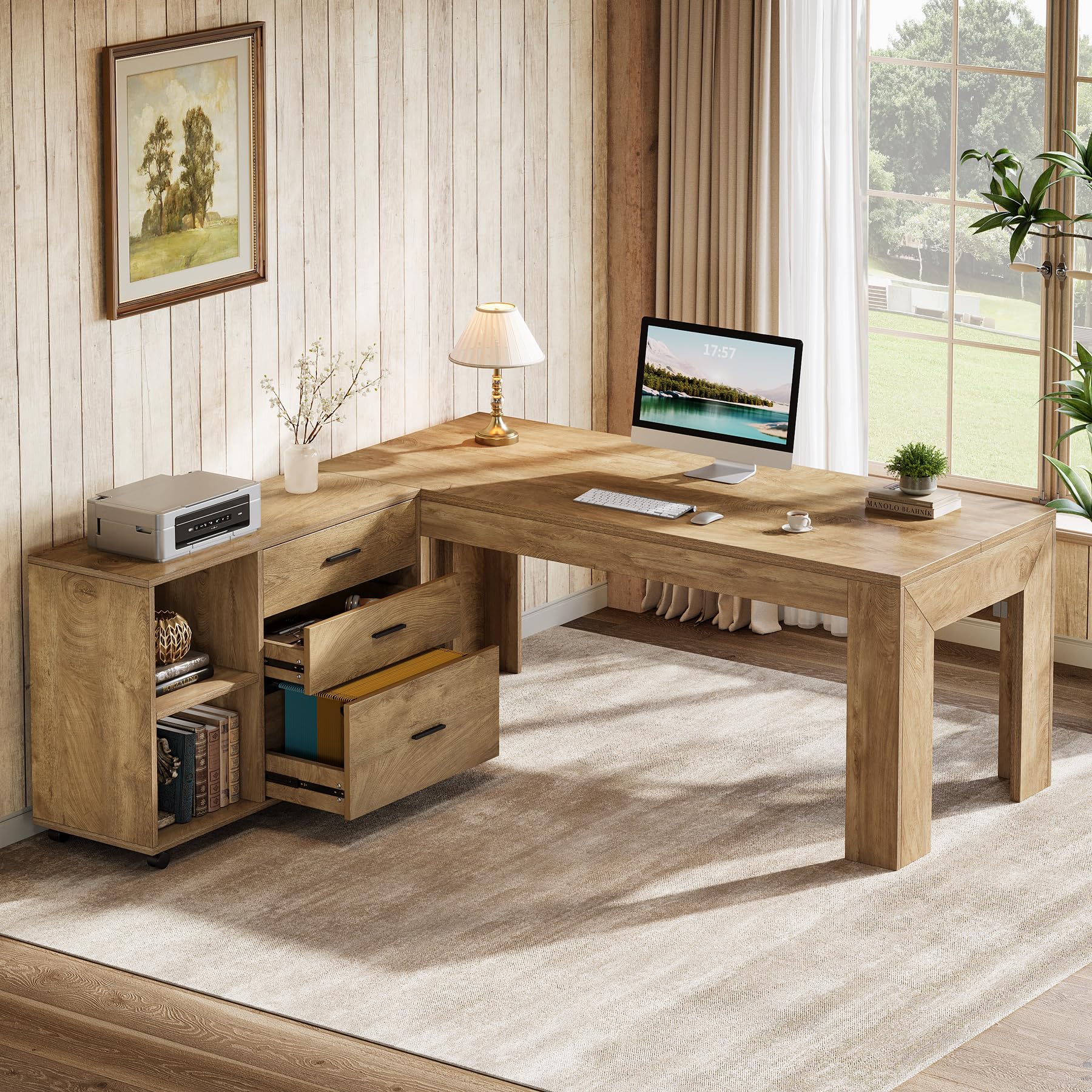 L-Shaped Executive Desk with File Cabinet