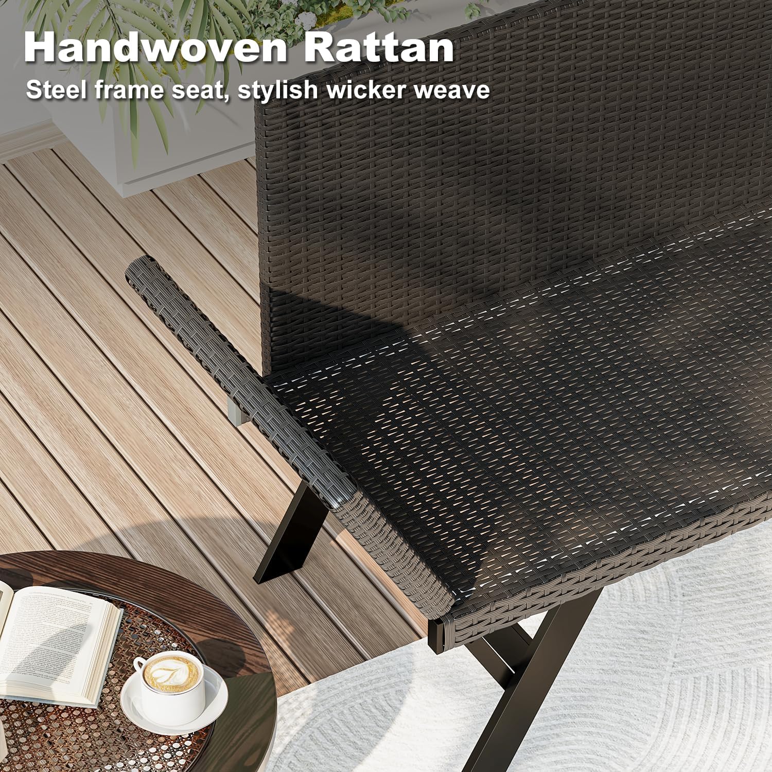 Woven Rattan Patio Loveseat with Adjustable Armrests