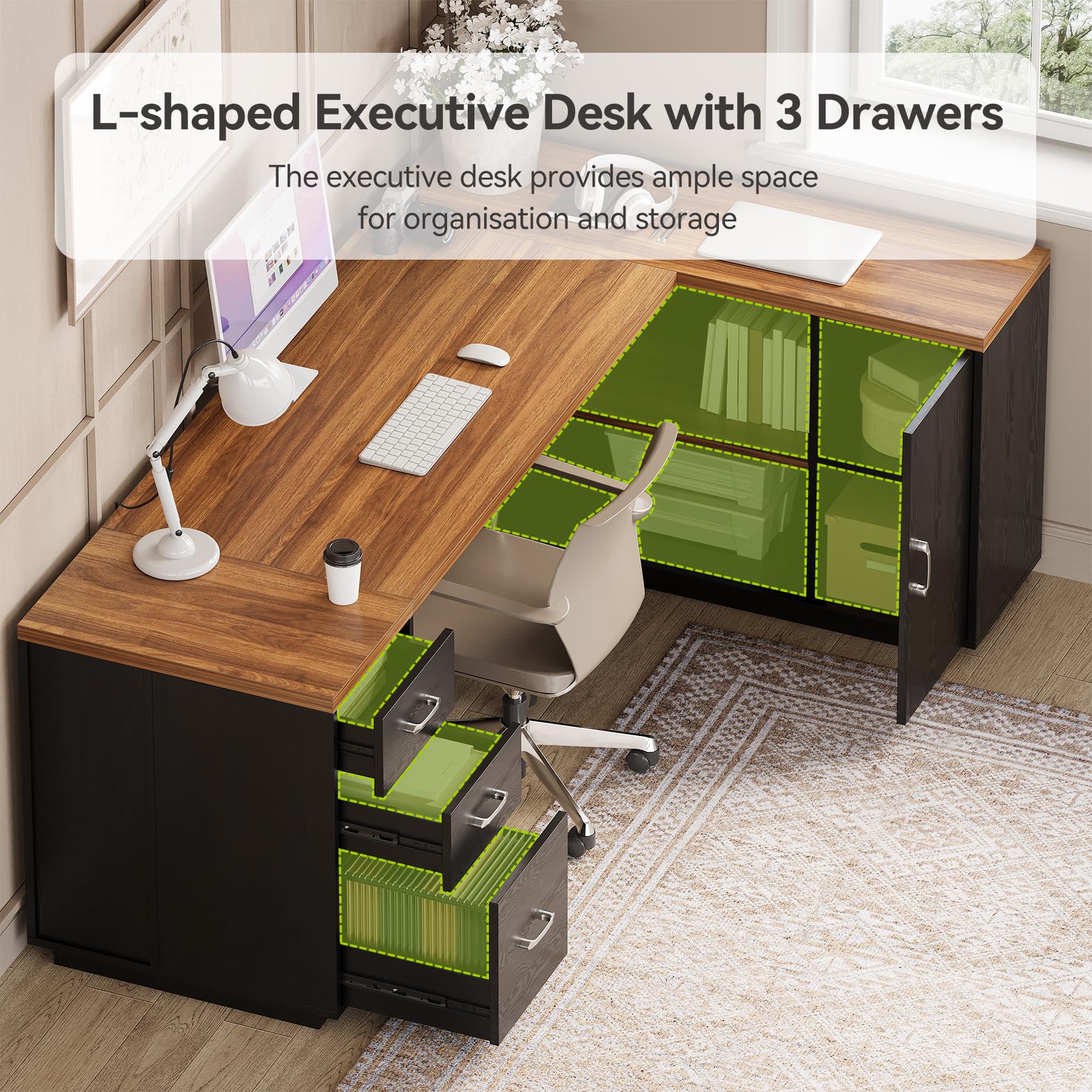 87-Inch Modern Executive Desk with File Cabinet