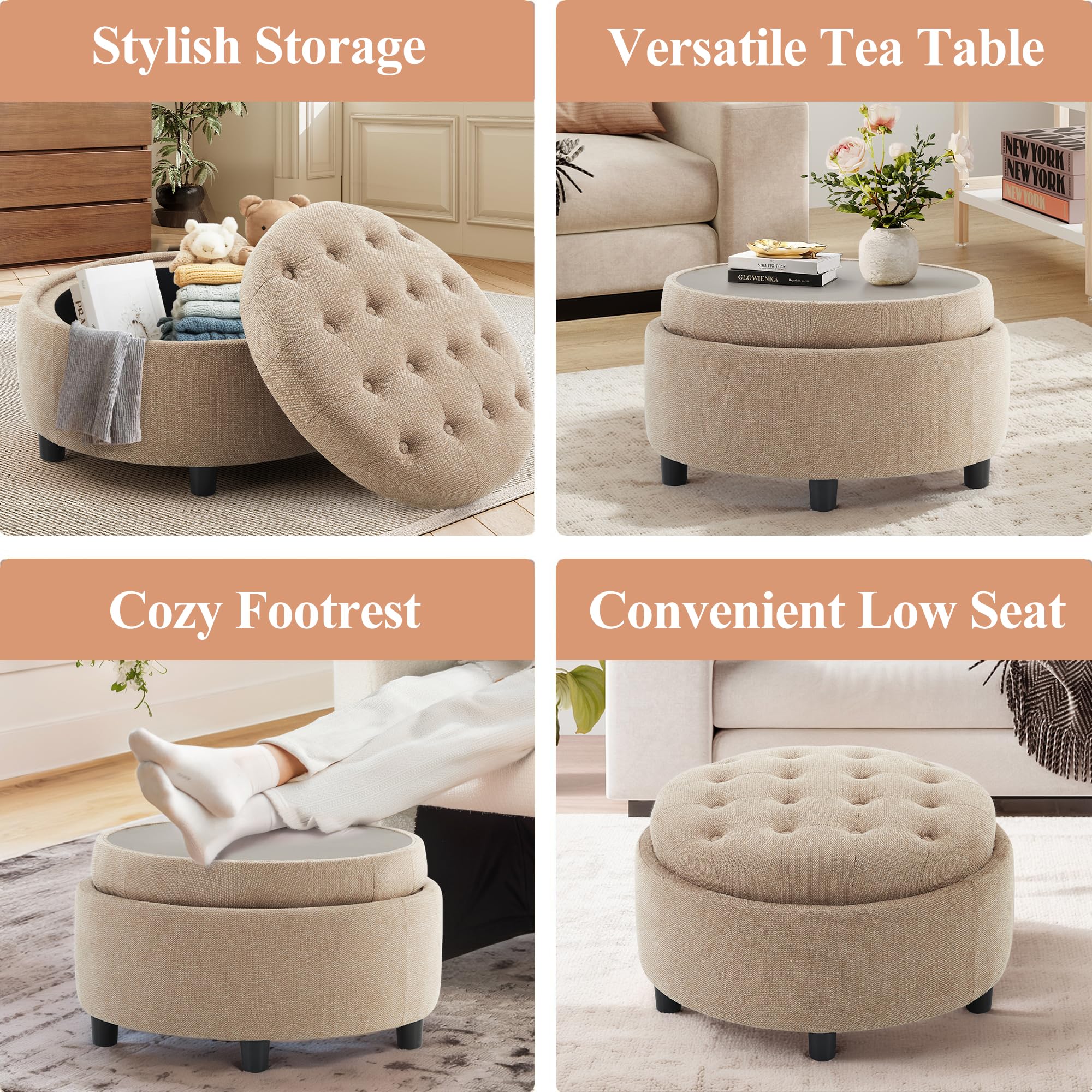 Round Storage Ottoman with Reversible Tray Lid
